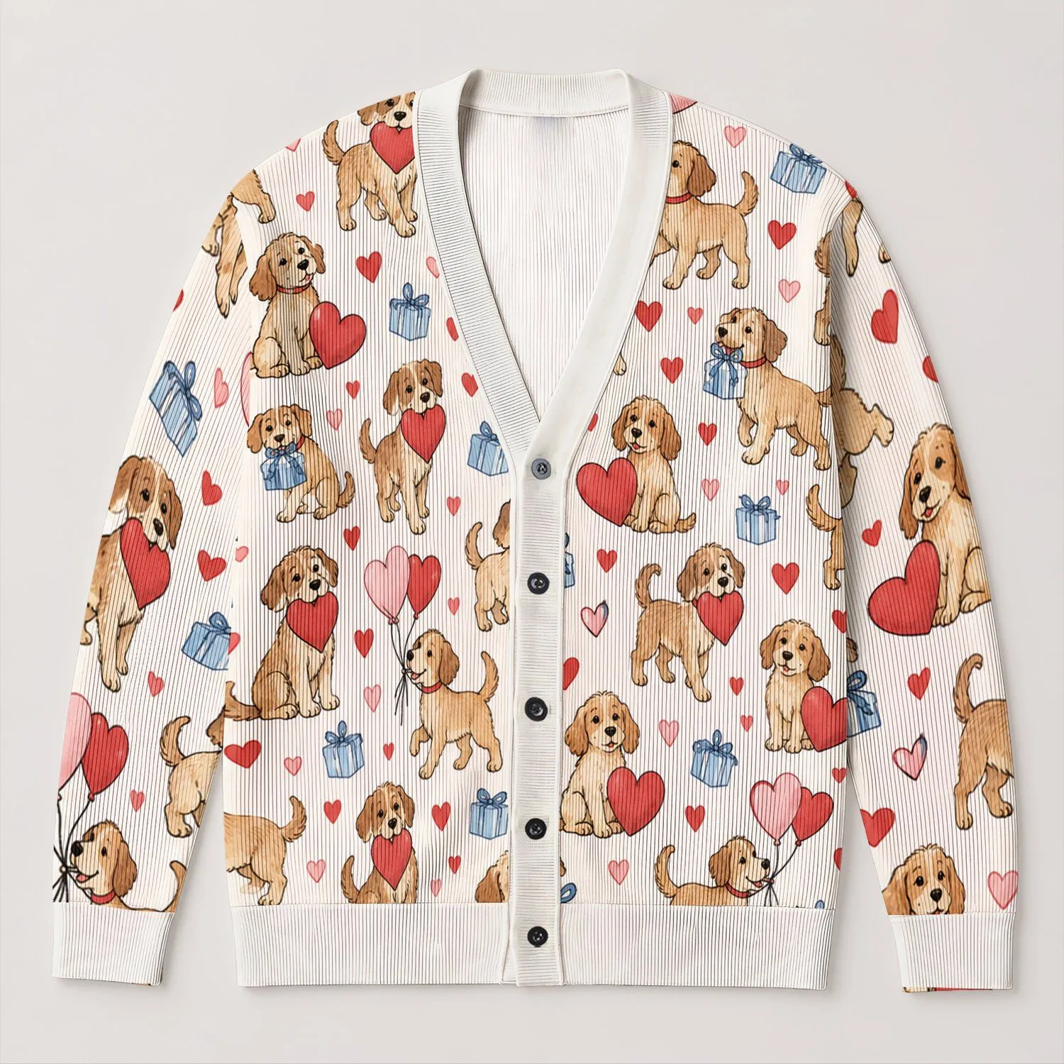 Romantic Dog Hearts Holiday Gift Idea for Pet Lovers and Cozy Winter Layering Style All-over Print Knitted Cardigan - 1