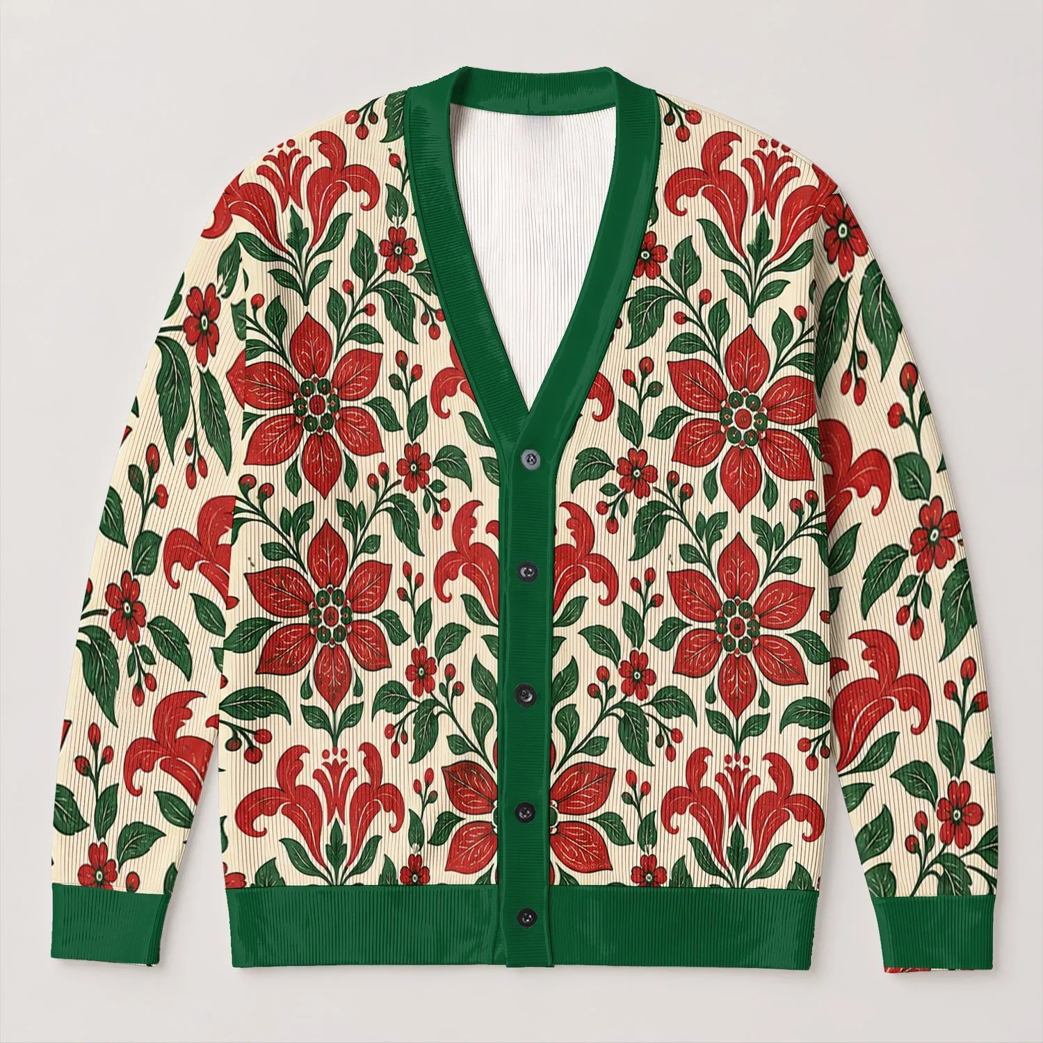 Red Green Folk Florals for Festive Layering and Everyday Style for Fashionable Women All-over Print Knitted Cardigan - 1