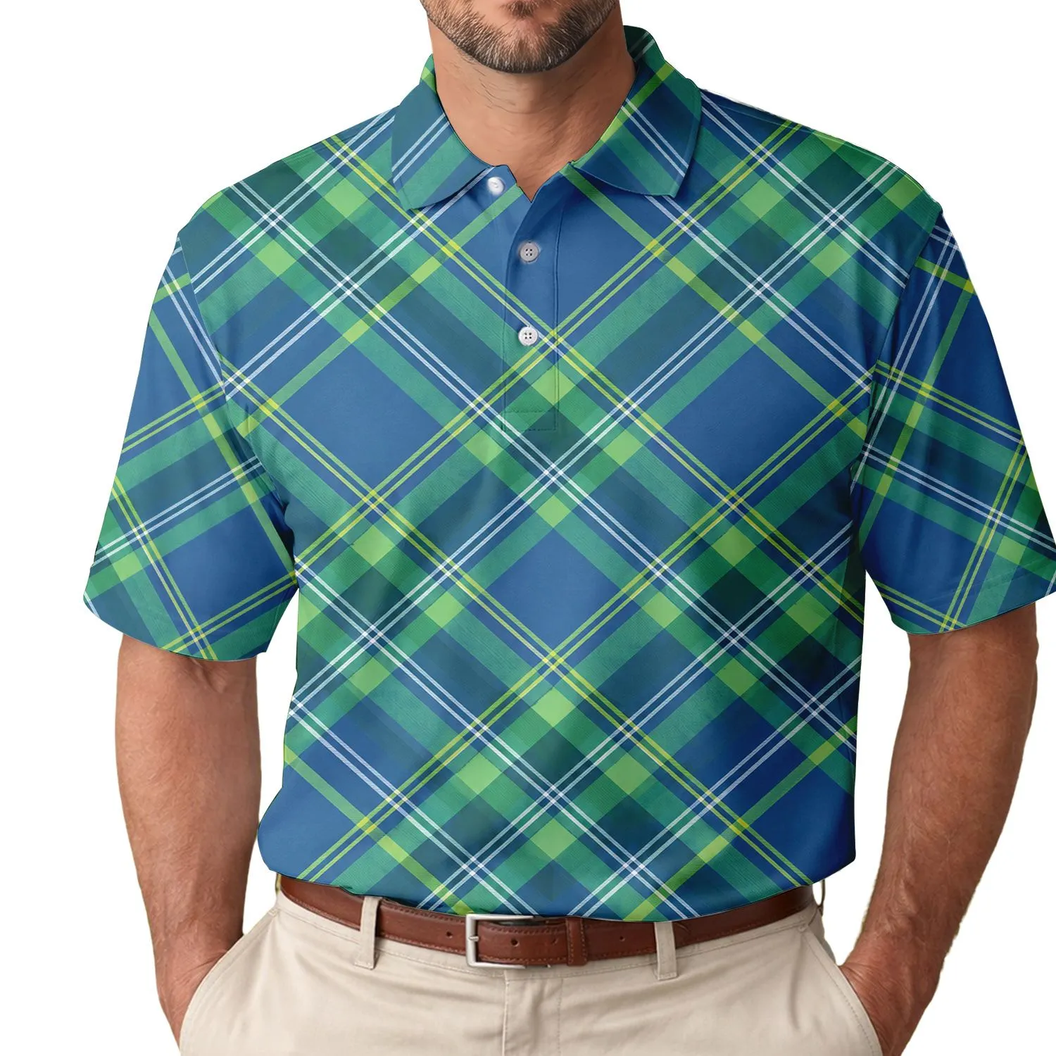 Blue Green Tartan Plaid Style for Golf Tennis and Pickleball Performance for Him Men's Polo Shirt - 1