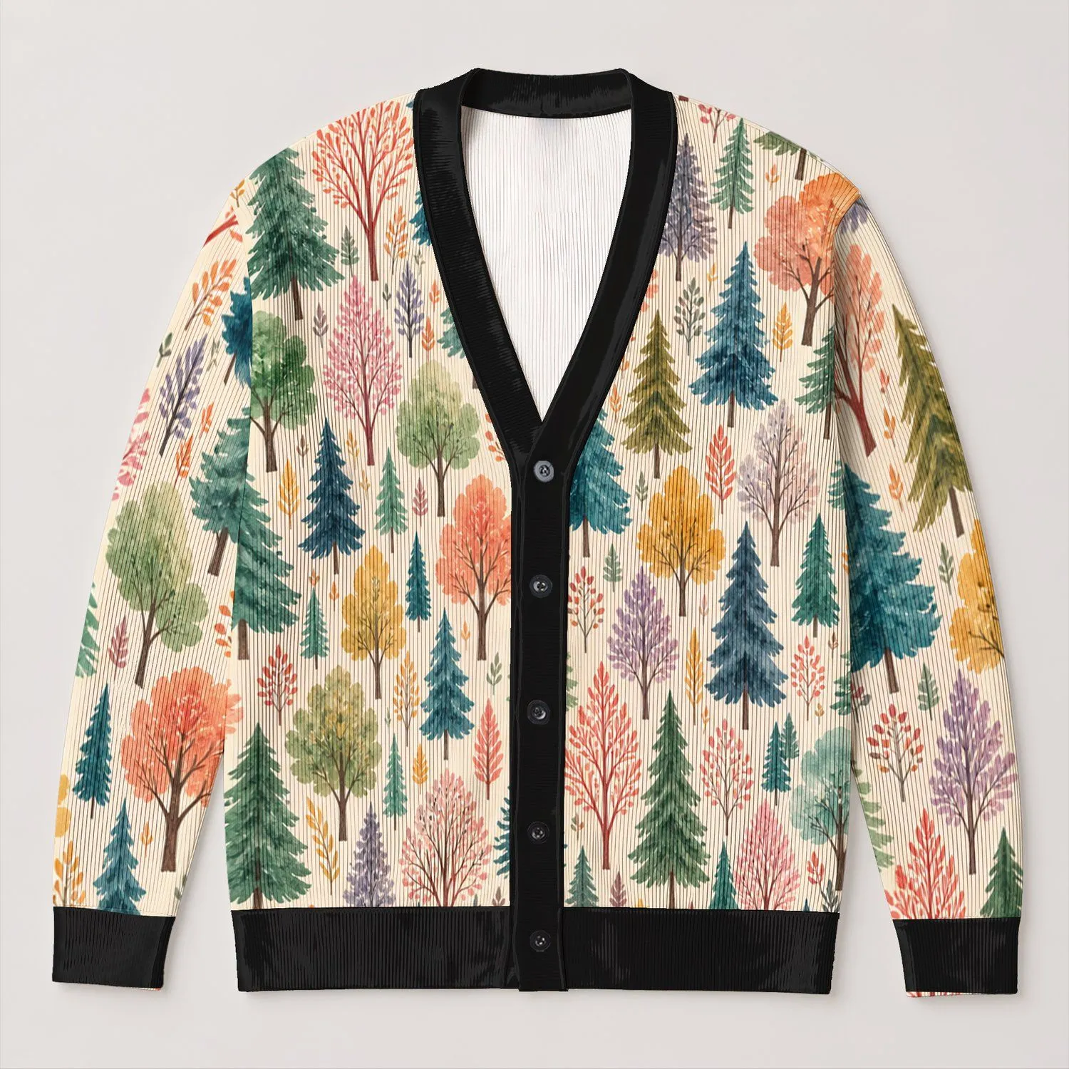 Watercolor Forest Trees for Cozy Autumn Layering, Woodland Style for Nature Lovers All-over Print Knitted Cardigan - 1