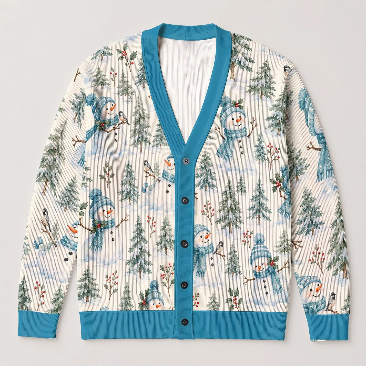 Watercolor Snowmen And Evergreen Trees For Winter Holiday Outings And Cozy Layering All-over Print Knitted Cardigan - 1