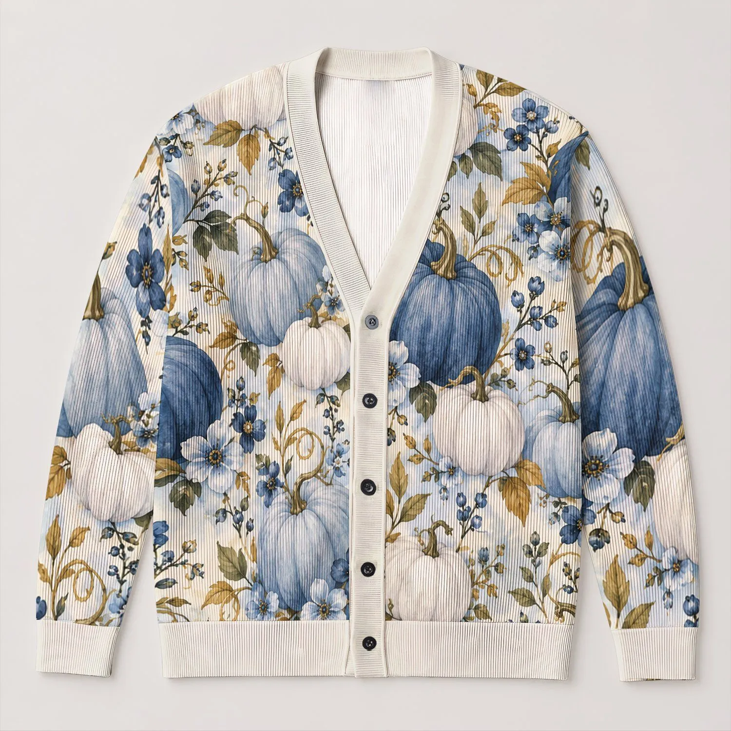Blue Pumpkin Floral Harvest Garden for Cozy Autumn Thanksgiving Gatherings Women All-over Print Knitted Cardigan - 1