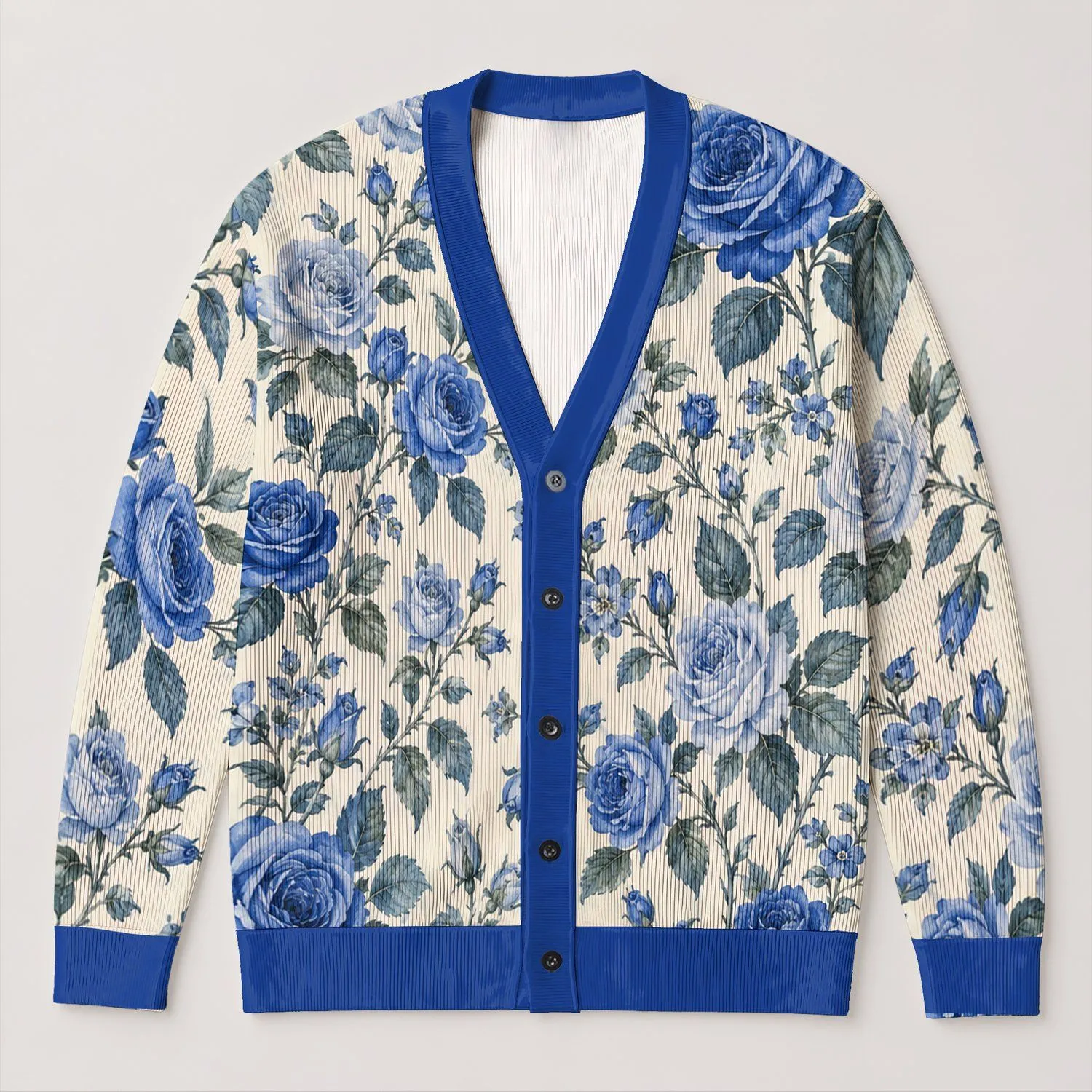 Cobalt Blue Rose Bouquet Floral Motif for Everyday Layering and Garden Events Women All-over Print Knitted Cardigan - 1