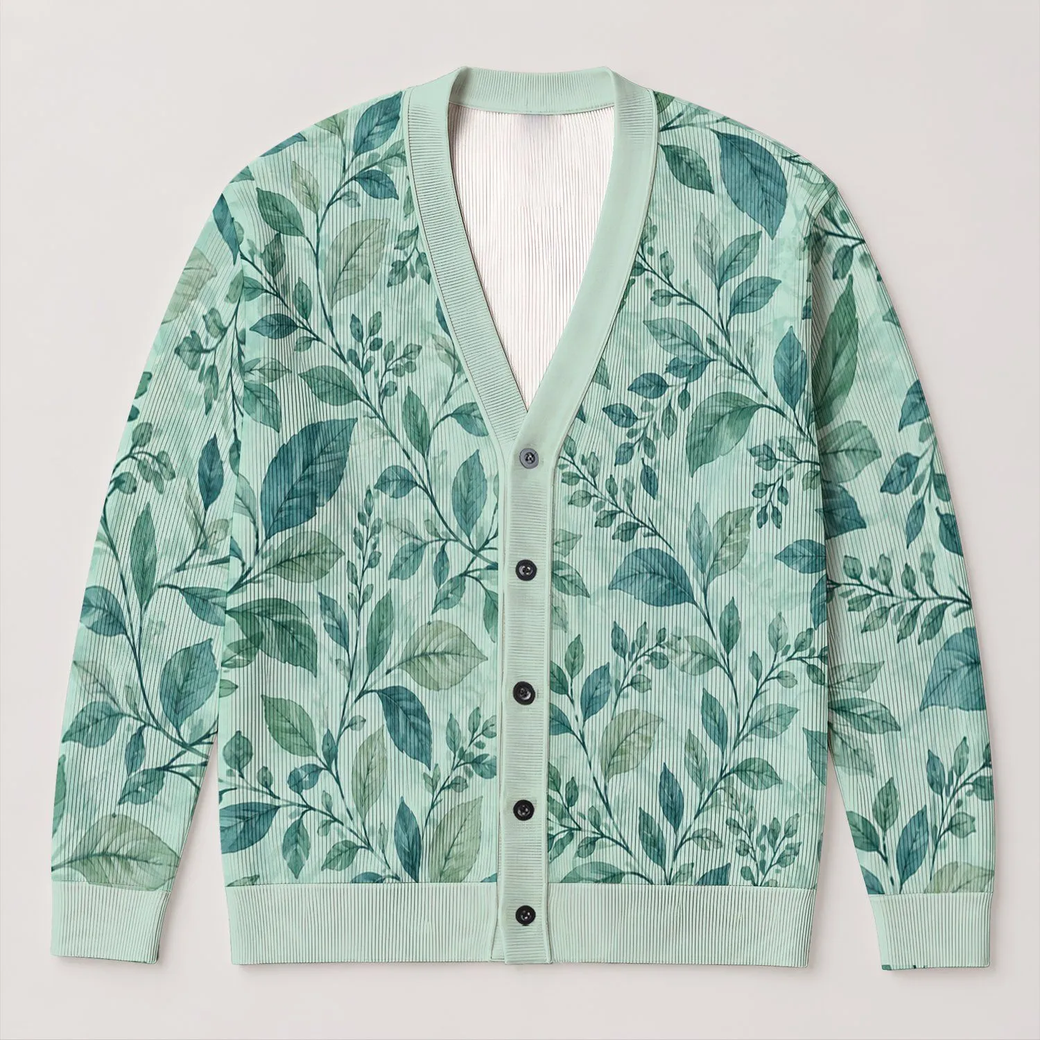 Teal Botanical Vine Leaves for Spring Layering and Relaxed Everyday Style Dressing All-over Print Knitted Cardigan - 1