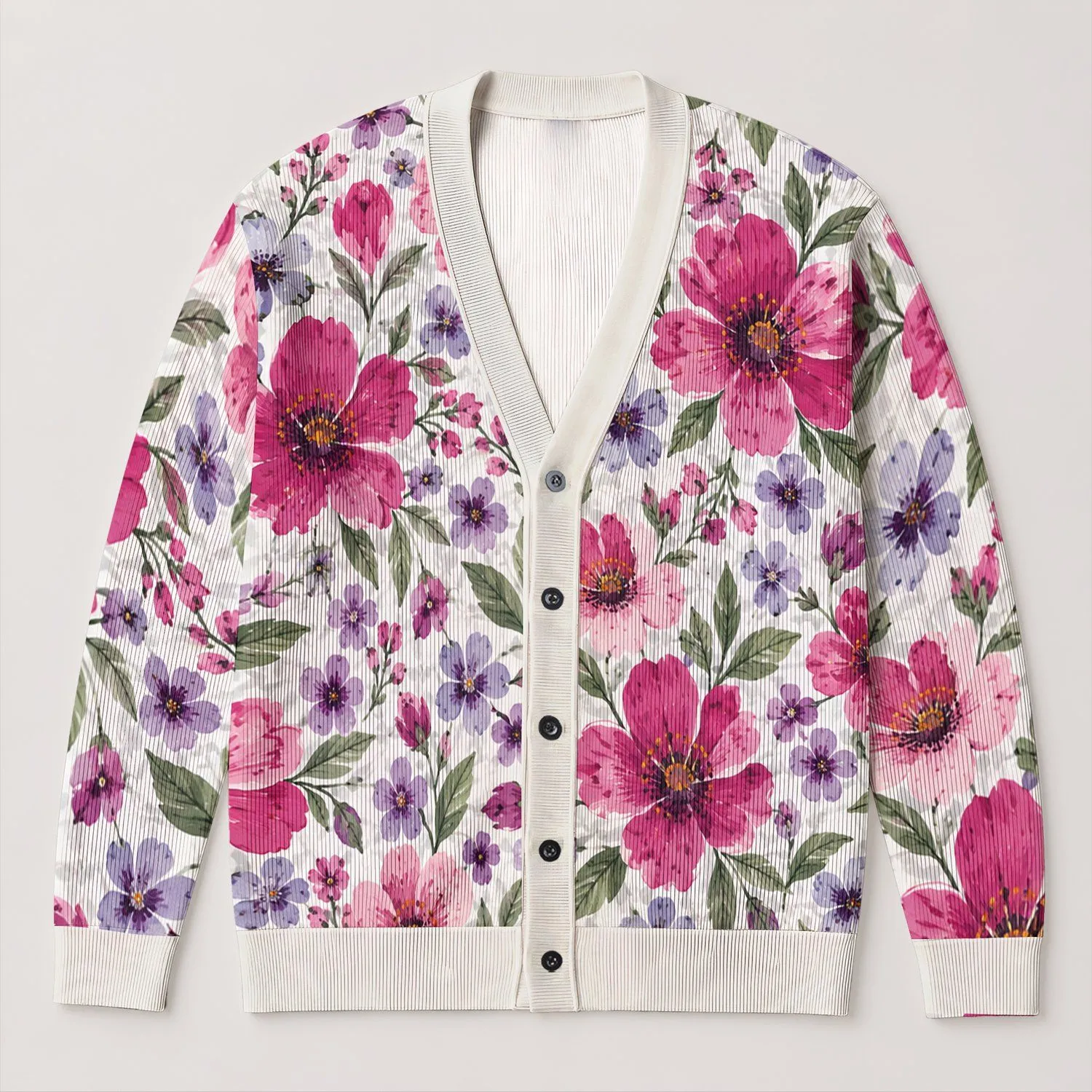 Pink Wildflower Blooms for Spring Layering and Everyday Womens Casual Weekend Style All-over Print Knitted Cardigan - 1