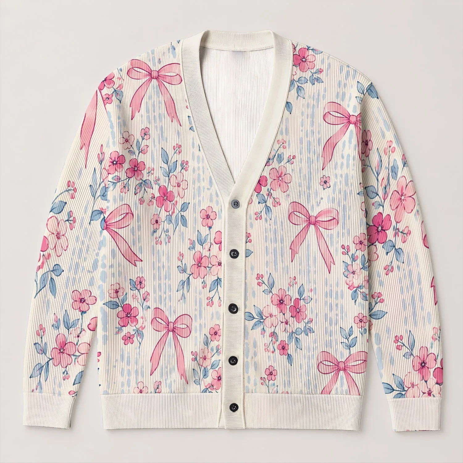 Pink Bow And Floral Motifs For Holiday Gatherings And Everyday Feminine Layering Style All-over Print Knitted Cardigan - 1