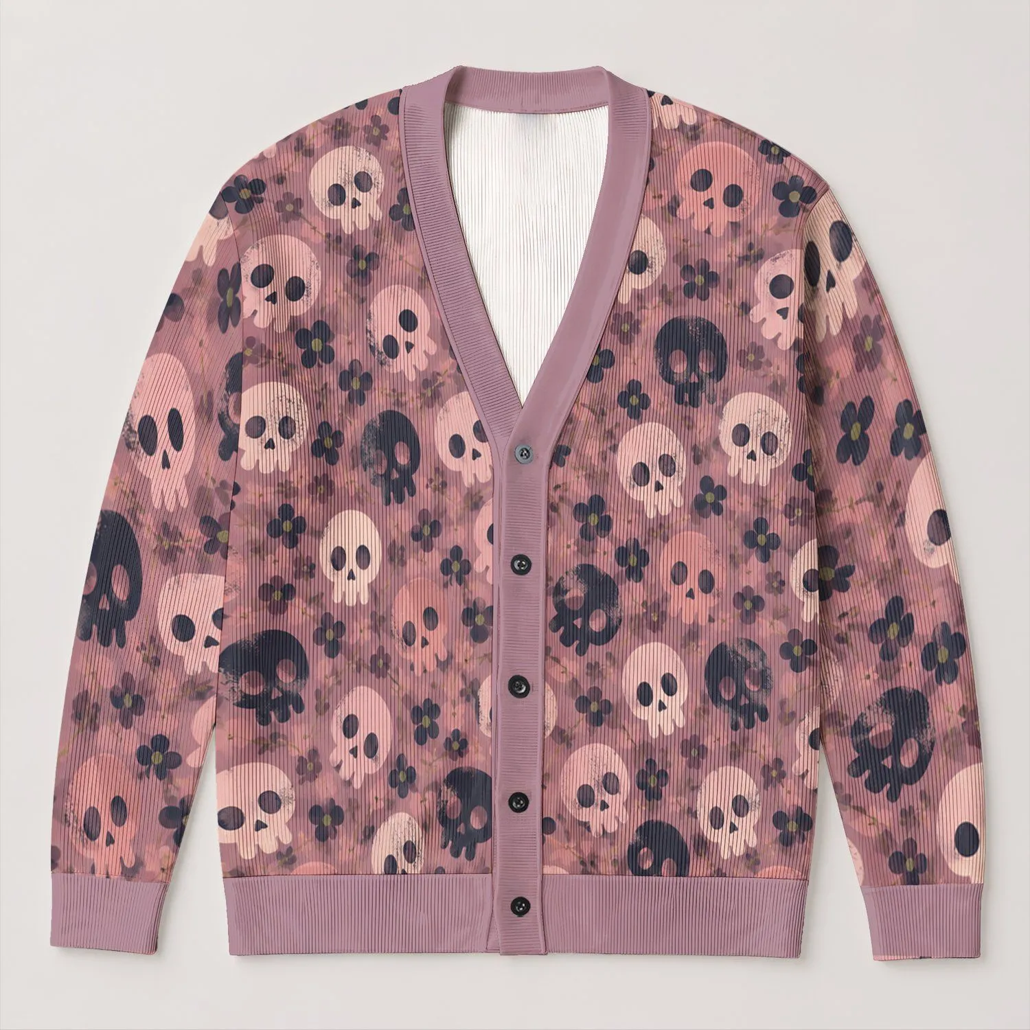 Pastel Skull And Flower Motifs For Autumn Layering, Casual Vacation Style For Women All-over Print Knitted Cardigan - 1
