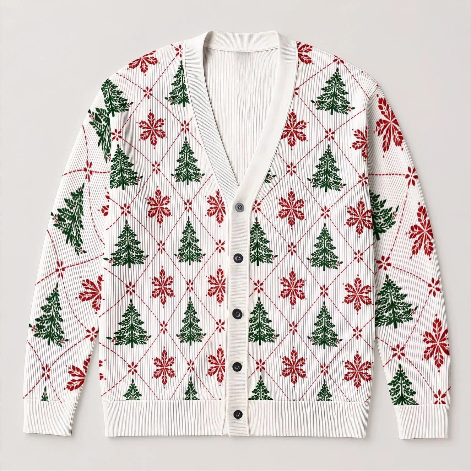 Red Green Christmas Tree Motifs For Holiday Gatherings And Cozy Winter Layering Wear All-over Print Knitted Cardigan - 1