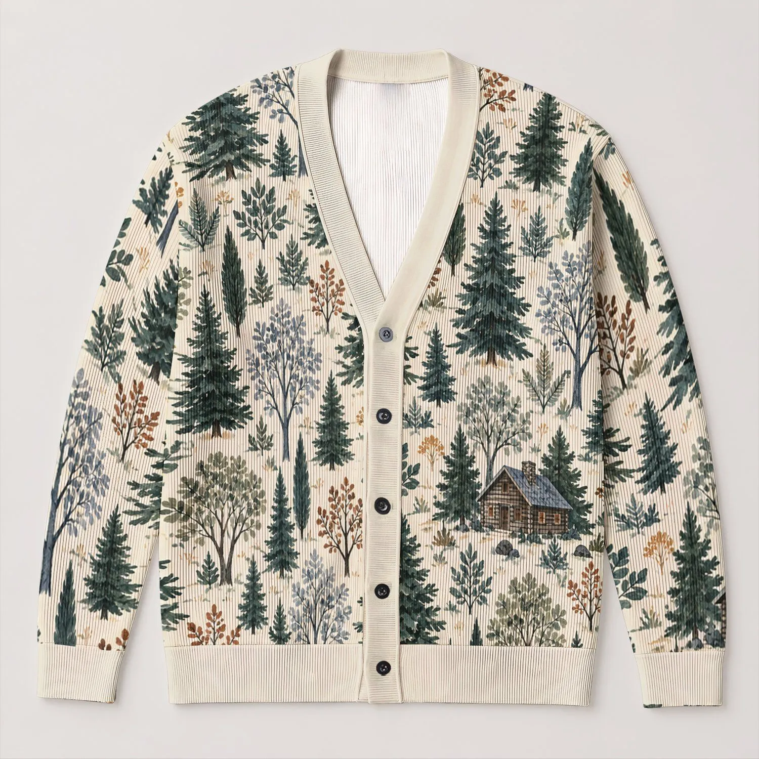 Woodland Cabin Evergreen Botanical Scene For Everyday Layering And Nature Lovers All-over Print Knitted Cardigan - 1
