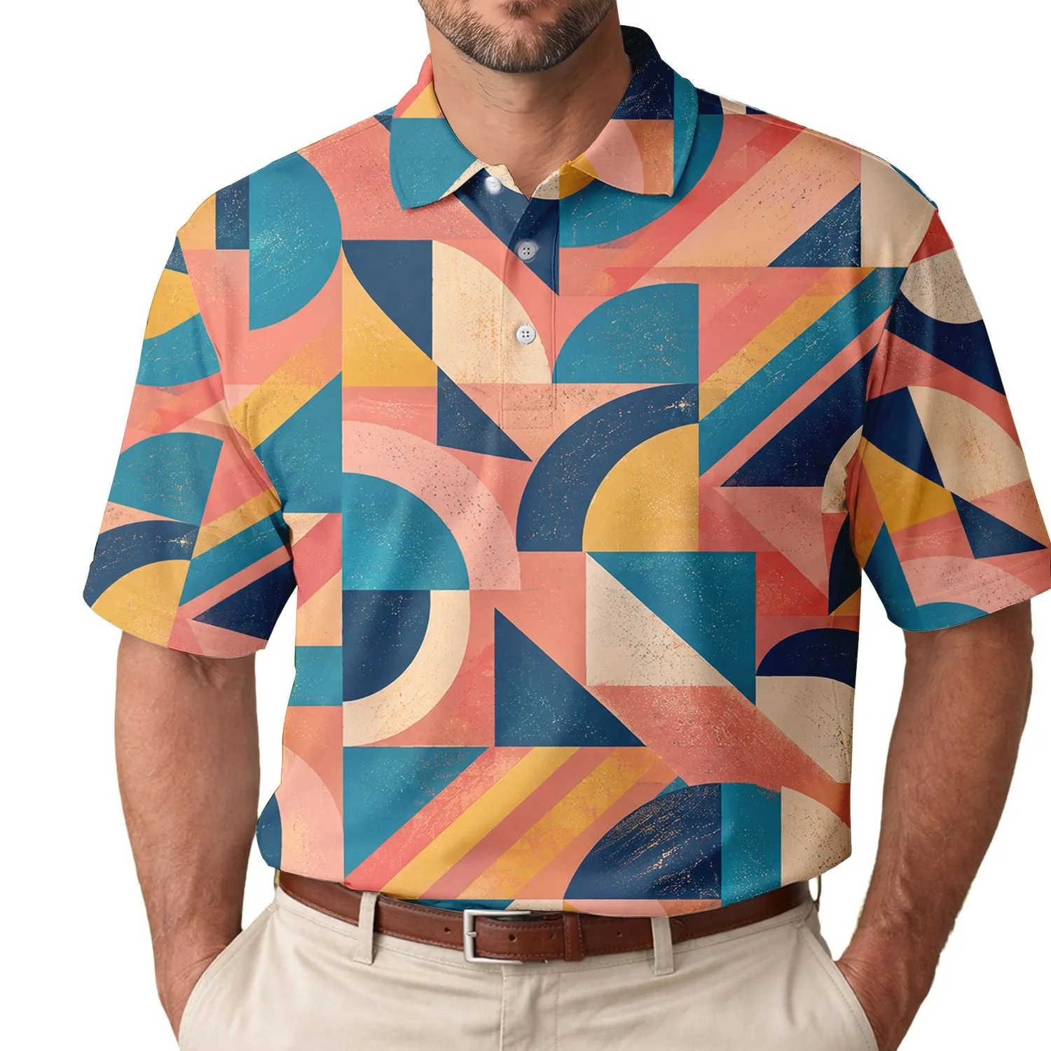 Retro Geometric Shapes for Weekend Golf, Resort Travel, and Colorful Leisure Style Men's Polo Shirt - 1