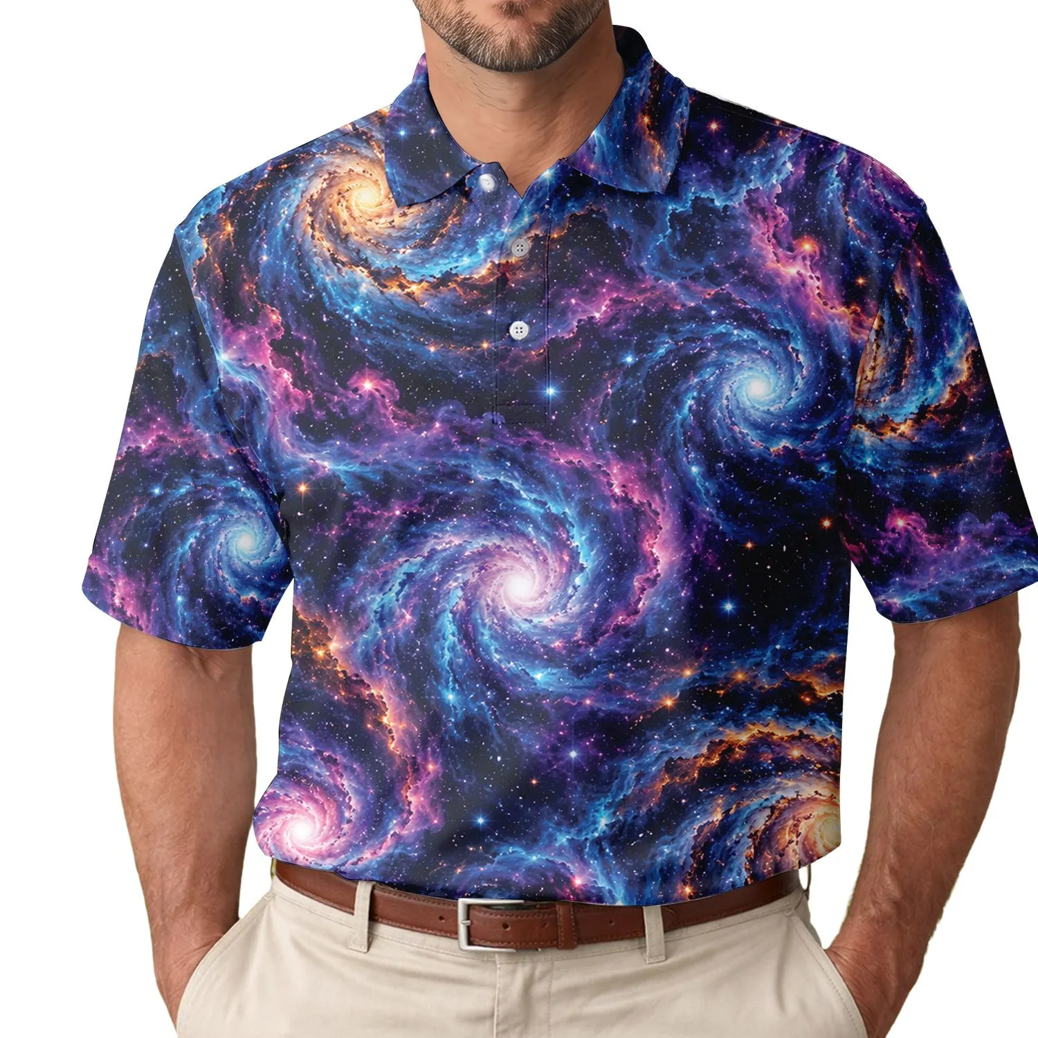Mystic Cosmic Spiral Galaxy Swirls For Golf Days, Resort Travel, And Nightlife Style Men's Polo Shirt - 1