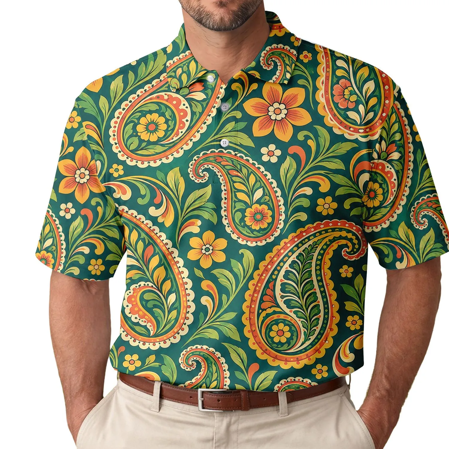 Retro Paisley Florals for Weekend Golf and Resort Style, Vintage Bohemian Holiday Look Men's Polo Shirt - 1