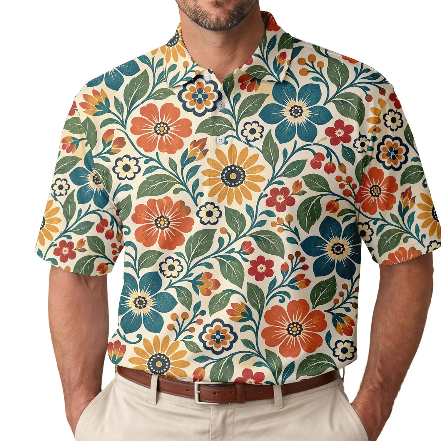Vintage Teal and Orange Floral Motifs for Summer Golf Days and Resort Weekend Style Men's Polo Shirt - 1