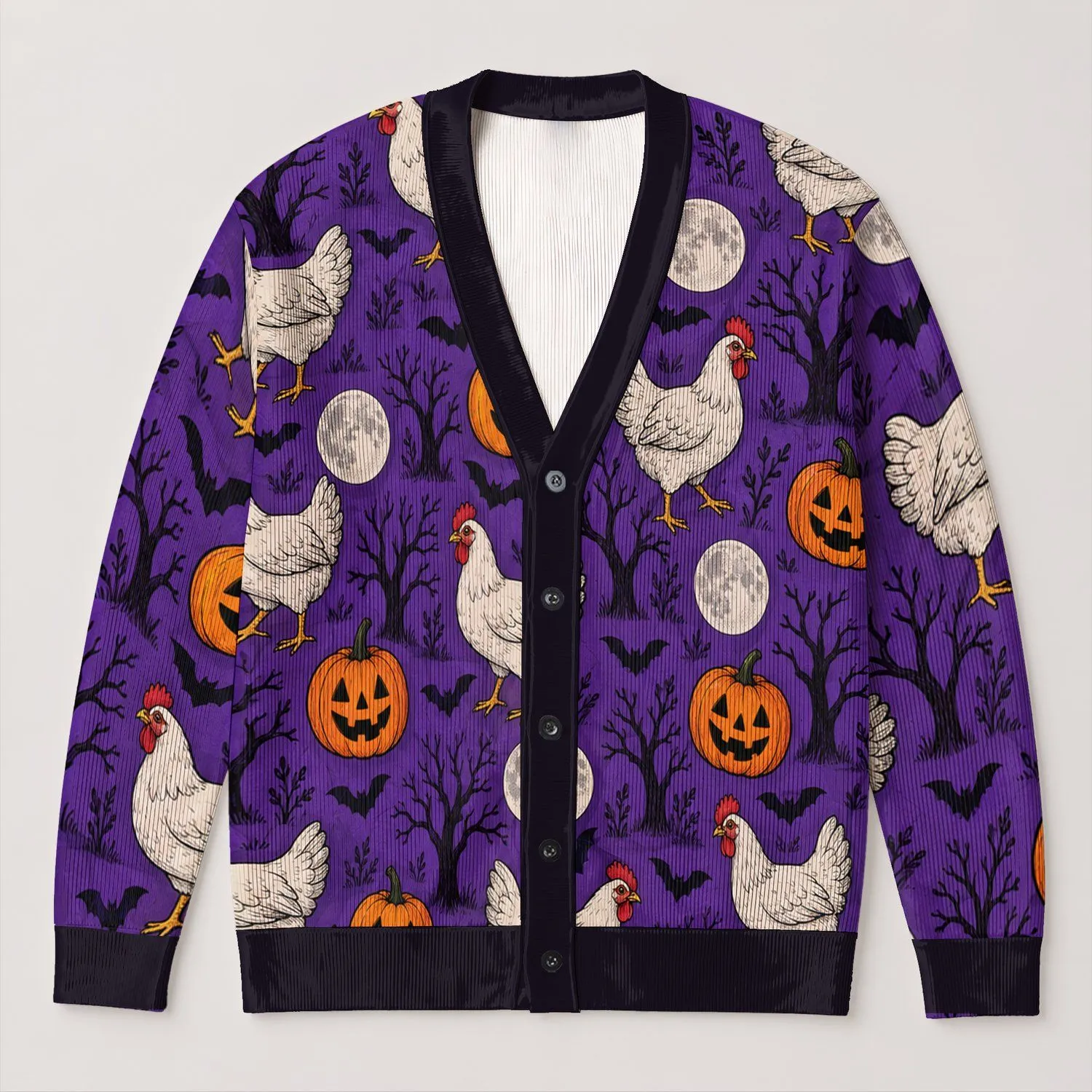 Halloween Pumpkins, Chickens and Bats for Autumn Family Gatherings and Festive Nights All-over Print Knitted Cardigan - 1