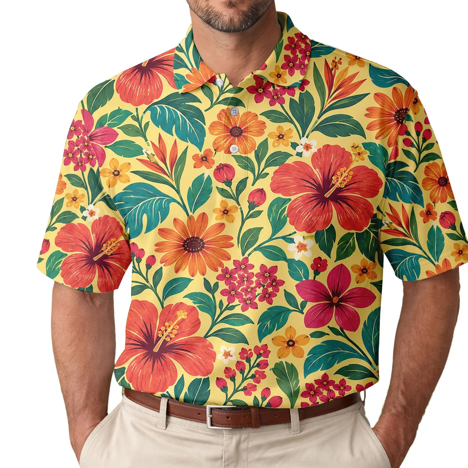 Retro 70s Floral Golf Style for Resort Weekends, Vacations, and Summer Gatherings Men's Polo Shirt - 1