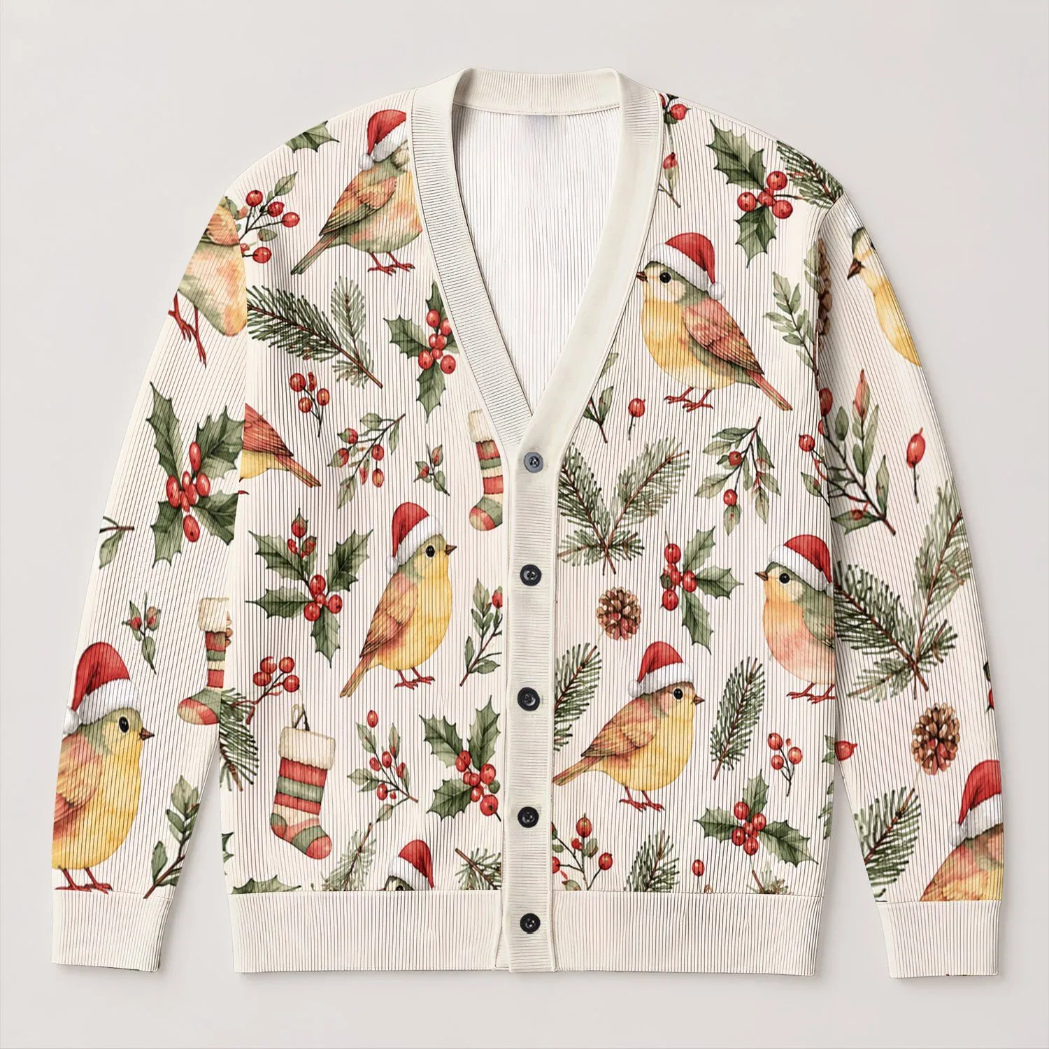 Watercolor Christmas Birds and Holly for Festive Holiday Layering for Women and Gatherings All-over Print Knitted Cardigan - 1