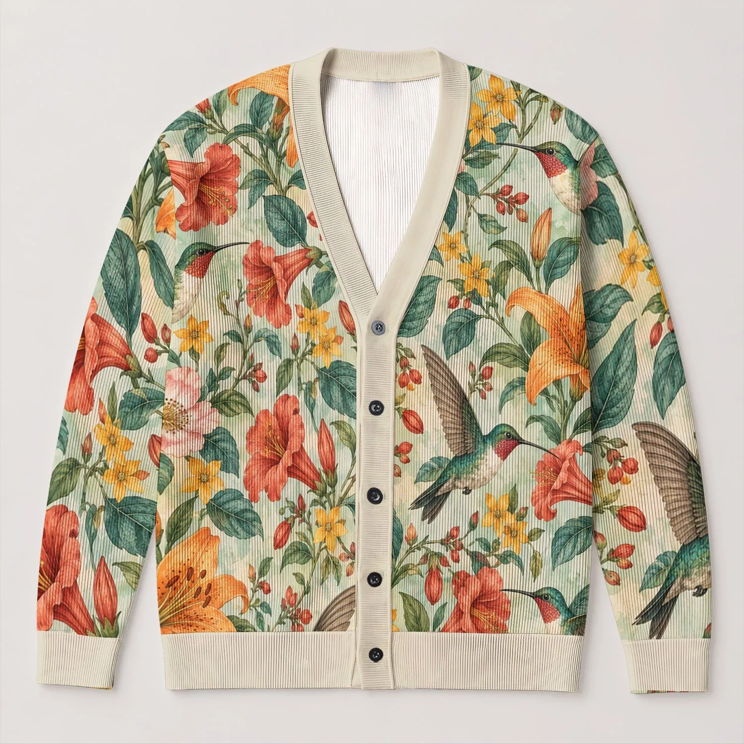 Colorful Hummingbird Floral Garden Style for Spring Layering Nature Loving Women All-over Print Knitted Cardigan - 1