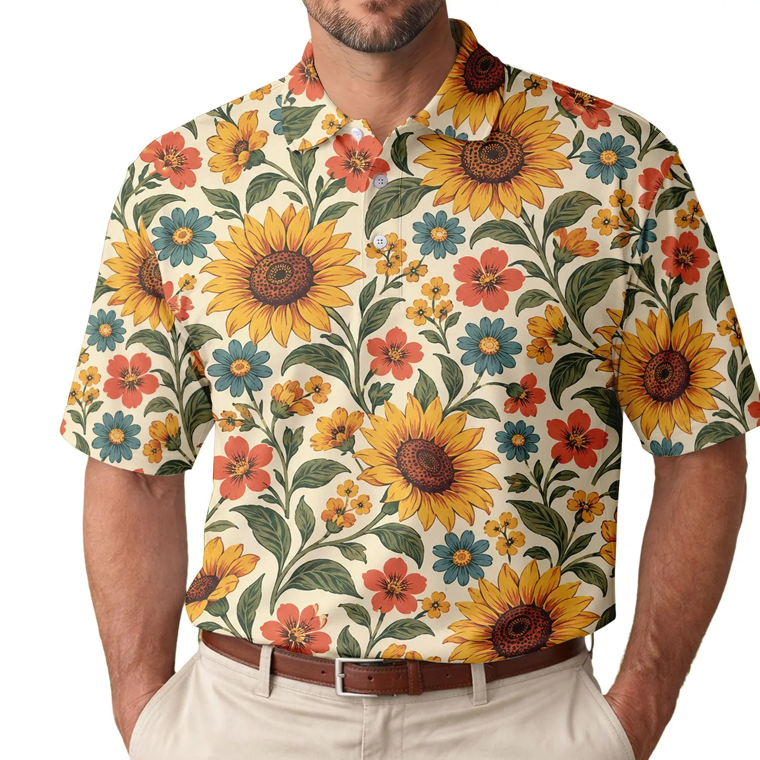 Retro Sunflower Garden Motif for Weekend Golf and Resort Style, 70s Flower Fans Men's Polo Shirt - 1