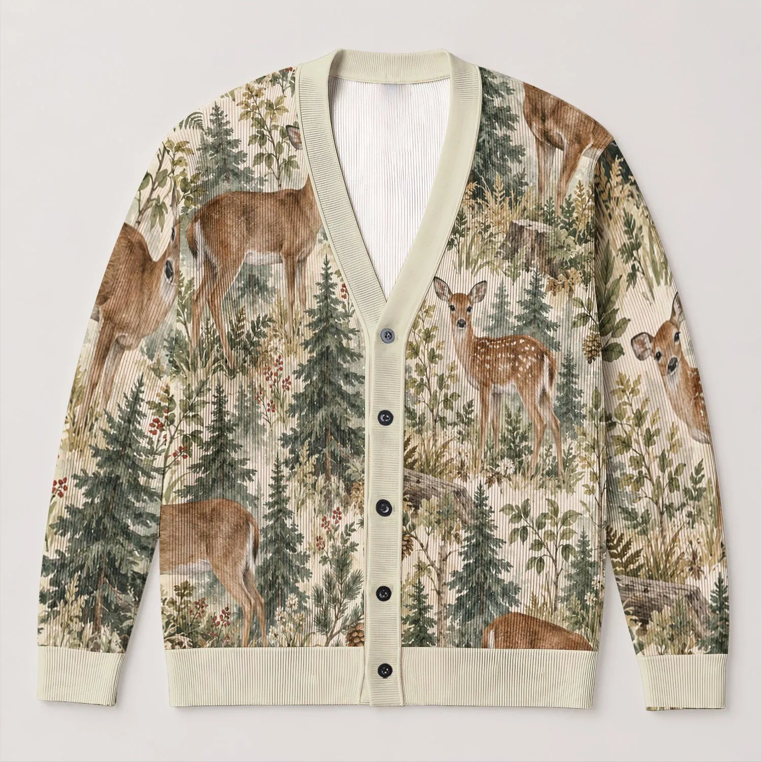 Woodland Deer And Pine Forest Scene For Everyday Nature Walks And Women’s Casual Layering All-over Print Knitted Cardigan - 1