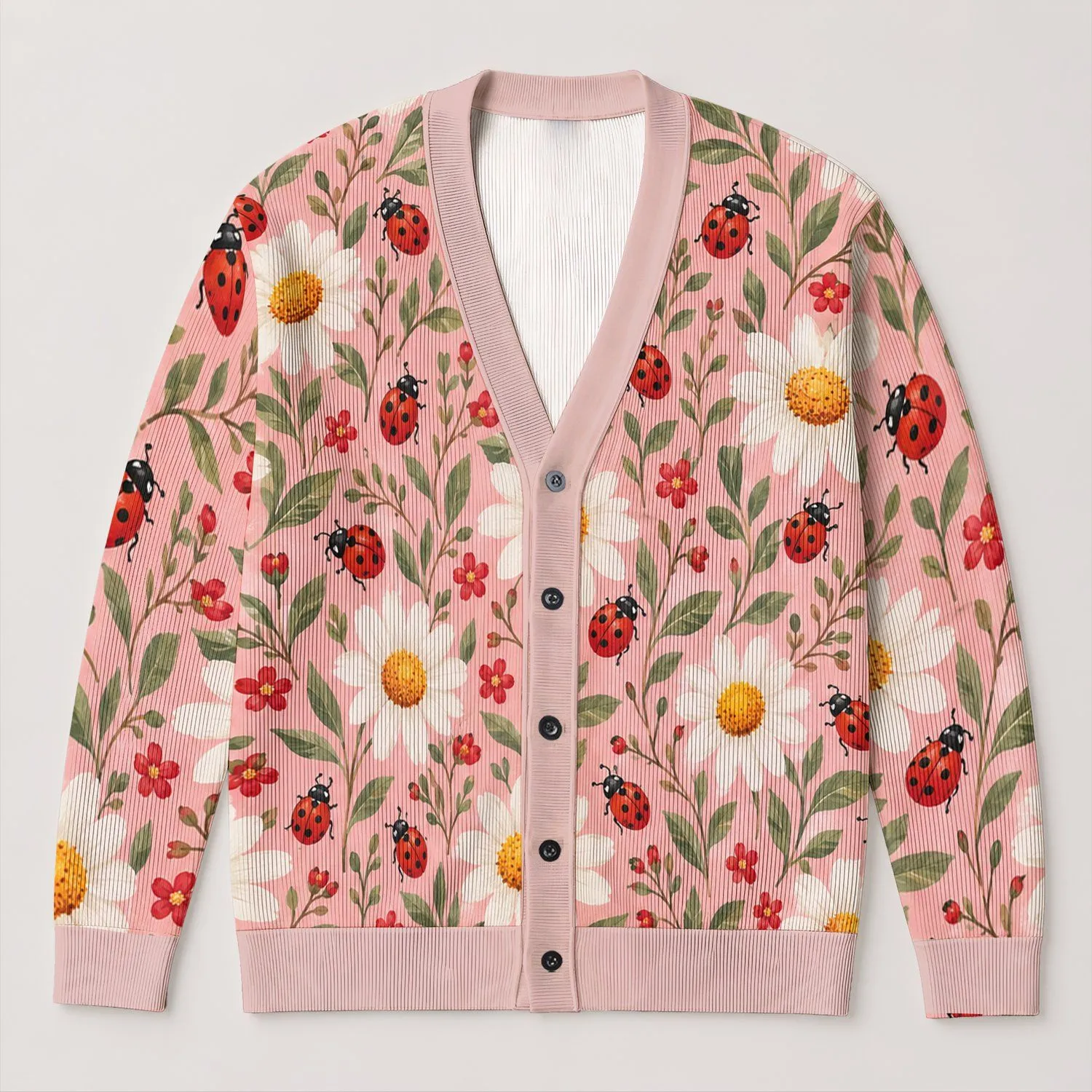 Daisy Ladybug Floral Style for Casual Everyday Layering, Women's Bohemian Wardrobe All-over Print Knitted Cardigan - 1
