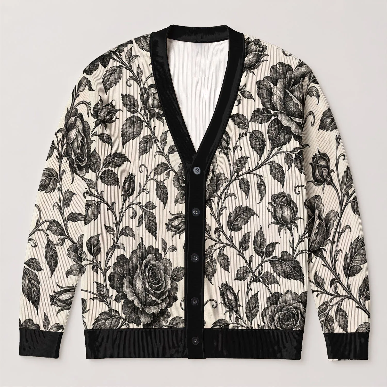 Black Rose Botanical Elegance for Everyday Layering and Bohemian Weekend Style for Women All-over Print Knitted Cardigan - 1