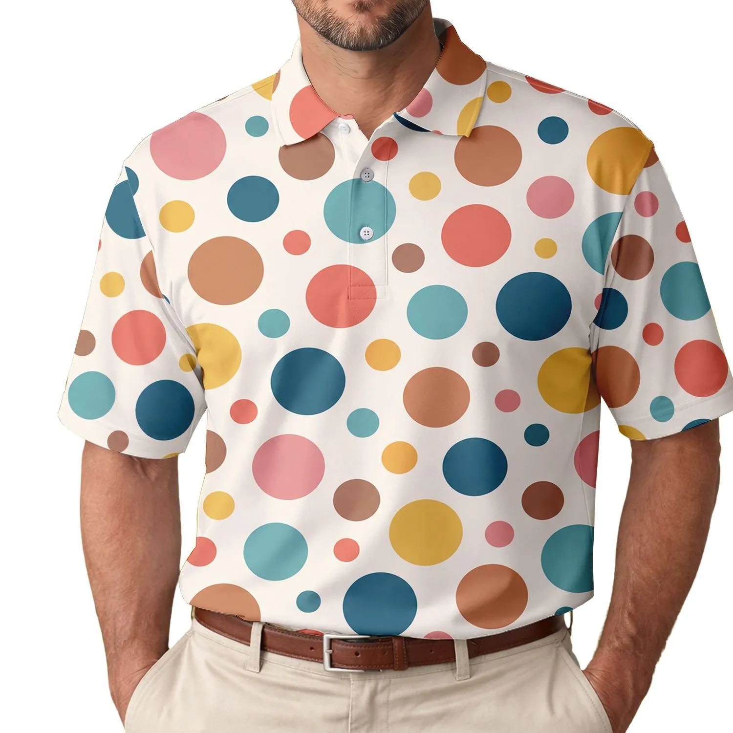 Retro Polka Dot Circles for Golf Outings and Summer Parties, Nostalgic 80s Style Men's Polo Shirt - 1