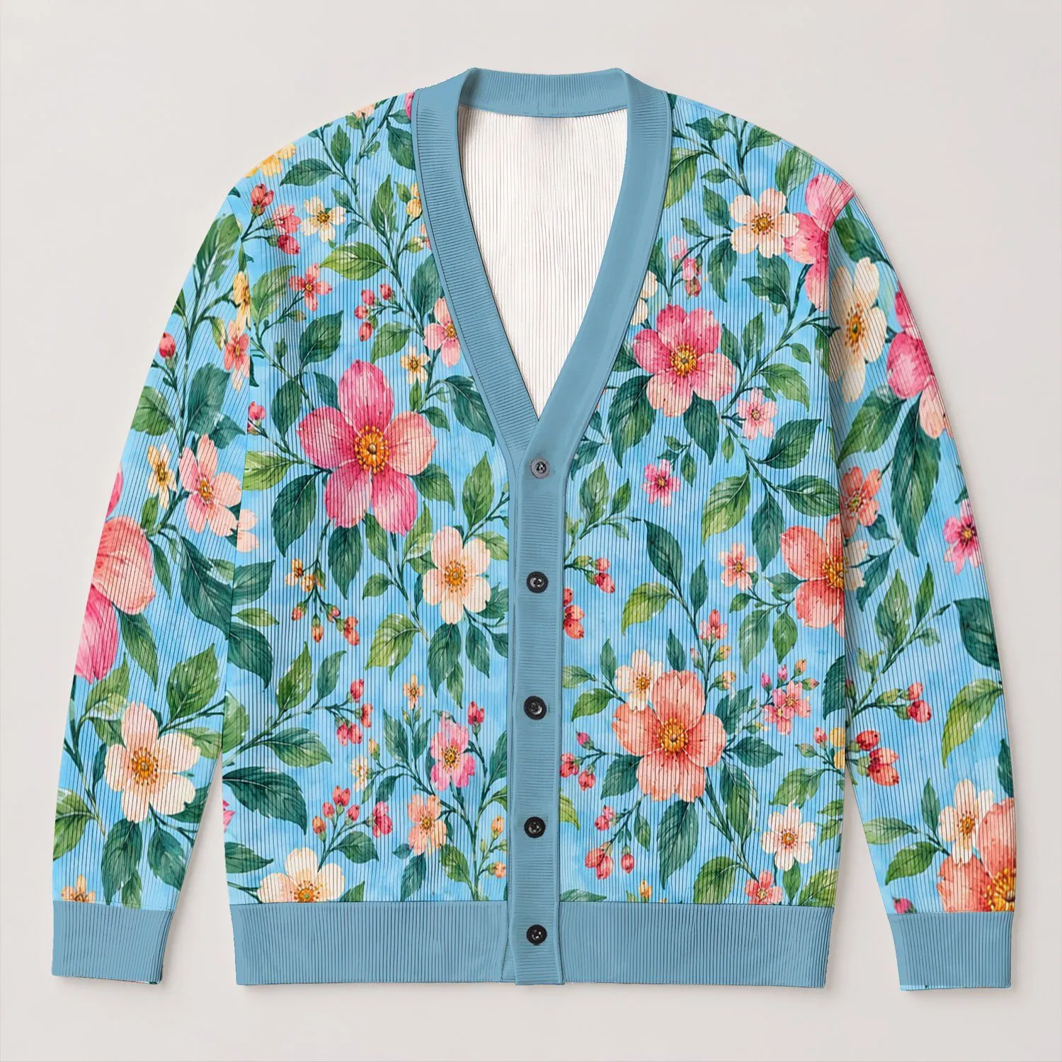Sky Blue Floral Blooms For Relaxed Everyday Layering And Women’s Fall Style All-over Print Knitted Cardigan - 1