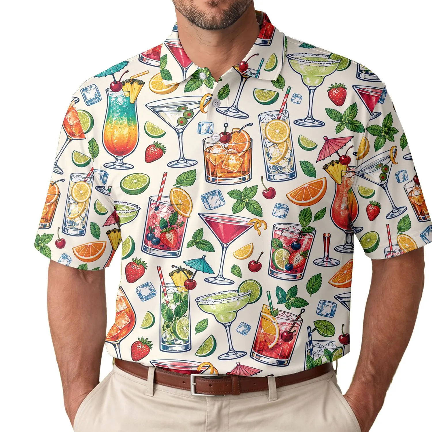 Retro Cocktail Glasses and Citrus Drinks for Leisure Golf Days and Resort Escapes Men's Polo Shirt - 1