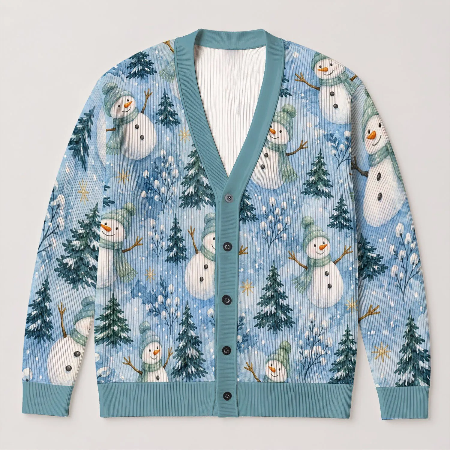 Watercolor Snowman Winter Scene for Holiday Layering and Cozy Vacation Weekend Style All-over Print Knitted Cardigan - 1