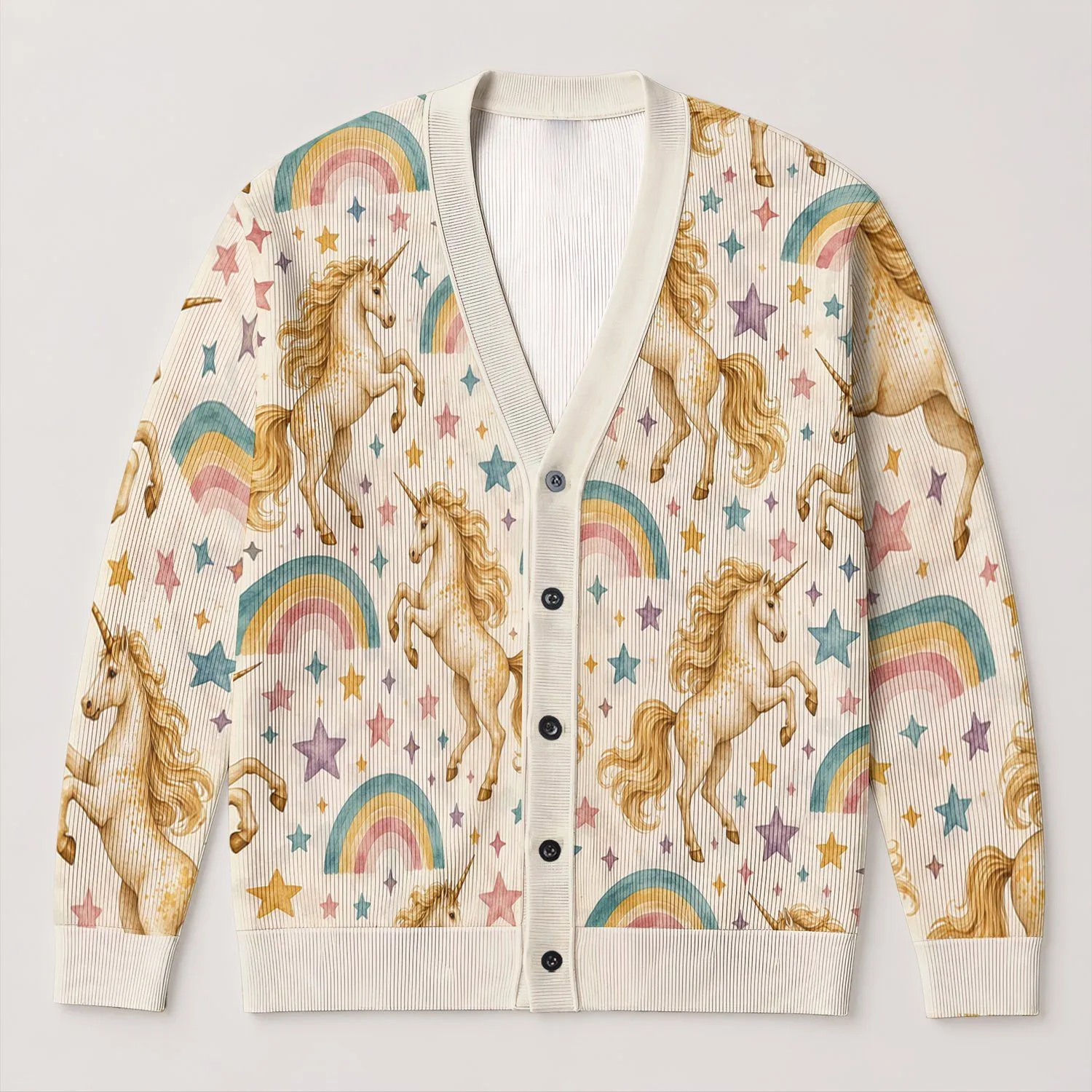 Golden Unicorn Rainbow Stars for Whimsical Everyday Outings, Women and Girls Gift All-over Print Knitted Cardigan - 1