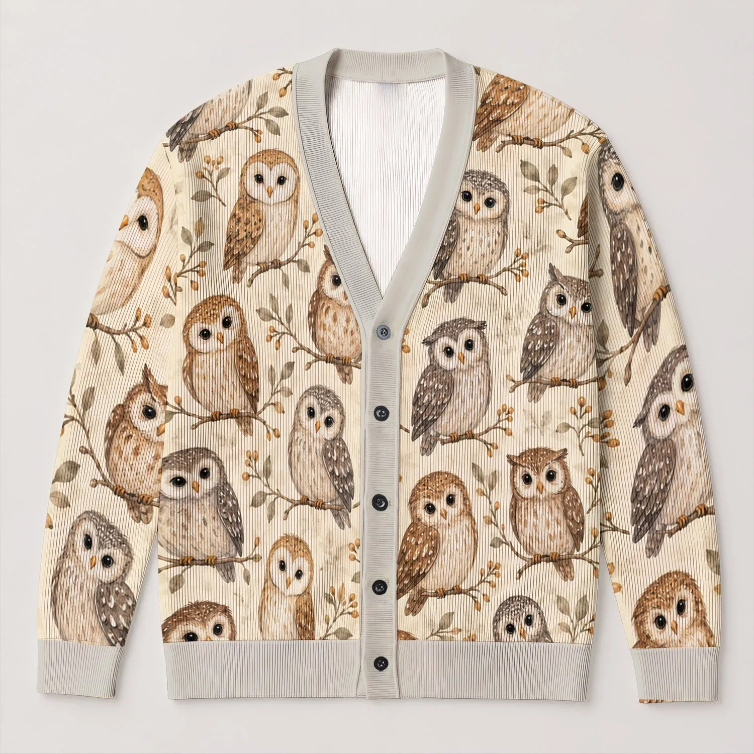 Cute Woodland Owls for Cozy Everyday Layering and Bohemian Casual Countryside Outfits All-over Print Knitted Cardigan - 1