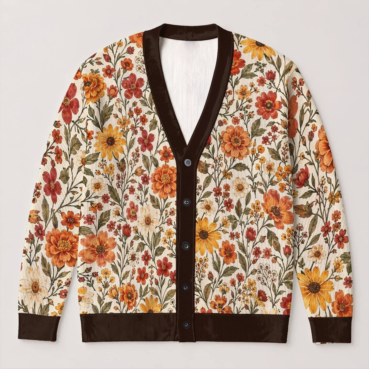 Autumn Wildflower Blooms In Warm Rust And Gold For Cozy Everyday Layering, Women All-over Print Knitted Cardigan - 1