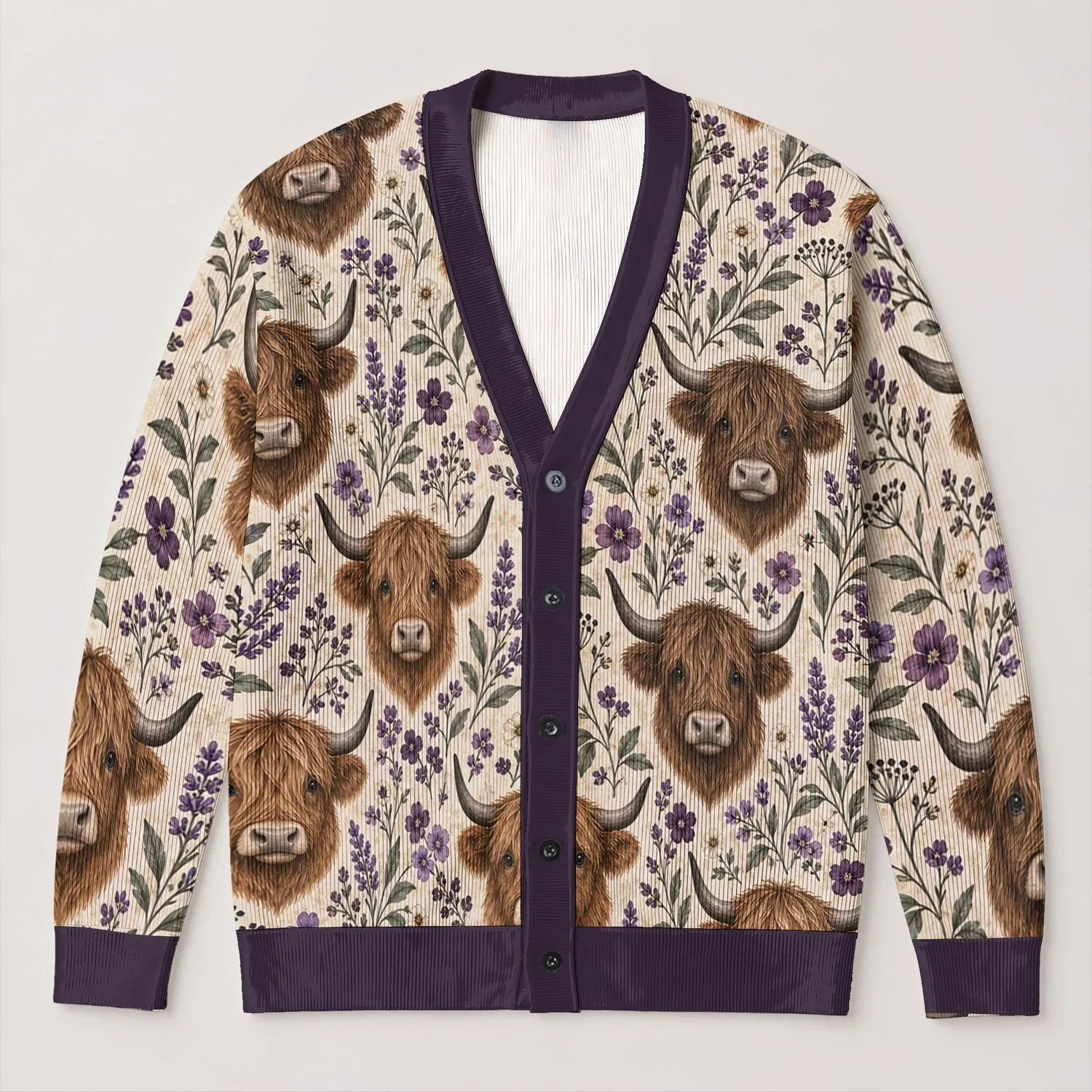 Shaggy Highland Cow and Purple Wildflower Countryside Charm for Everyday Layering All-over Print Knitted Cardigan - 1