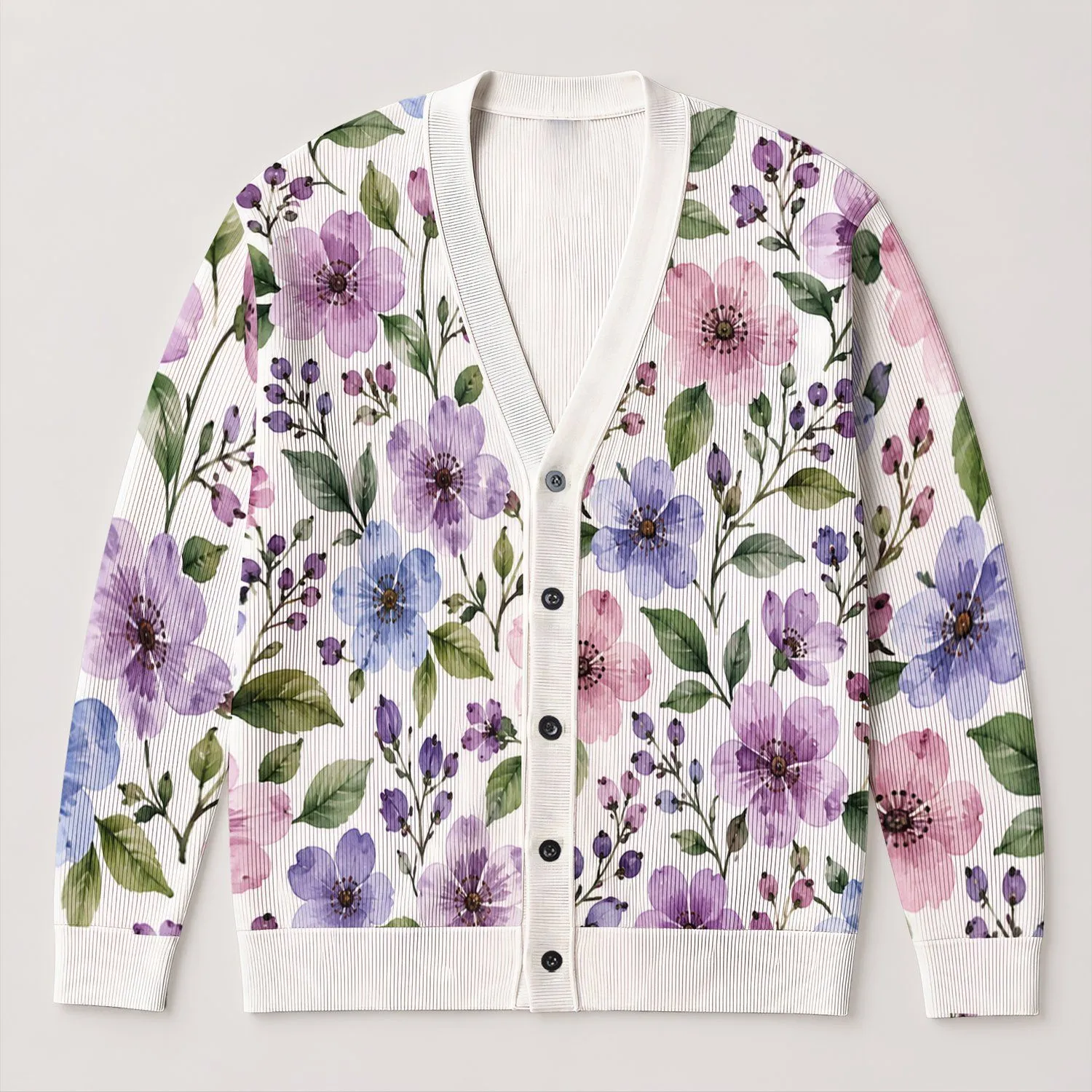 Purple Watercolor Flowers For Spring Layering And Relaxed Boho Style For Everyday Women All-over Print Knitted Cardigan - 1