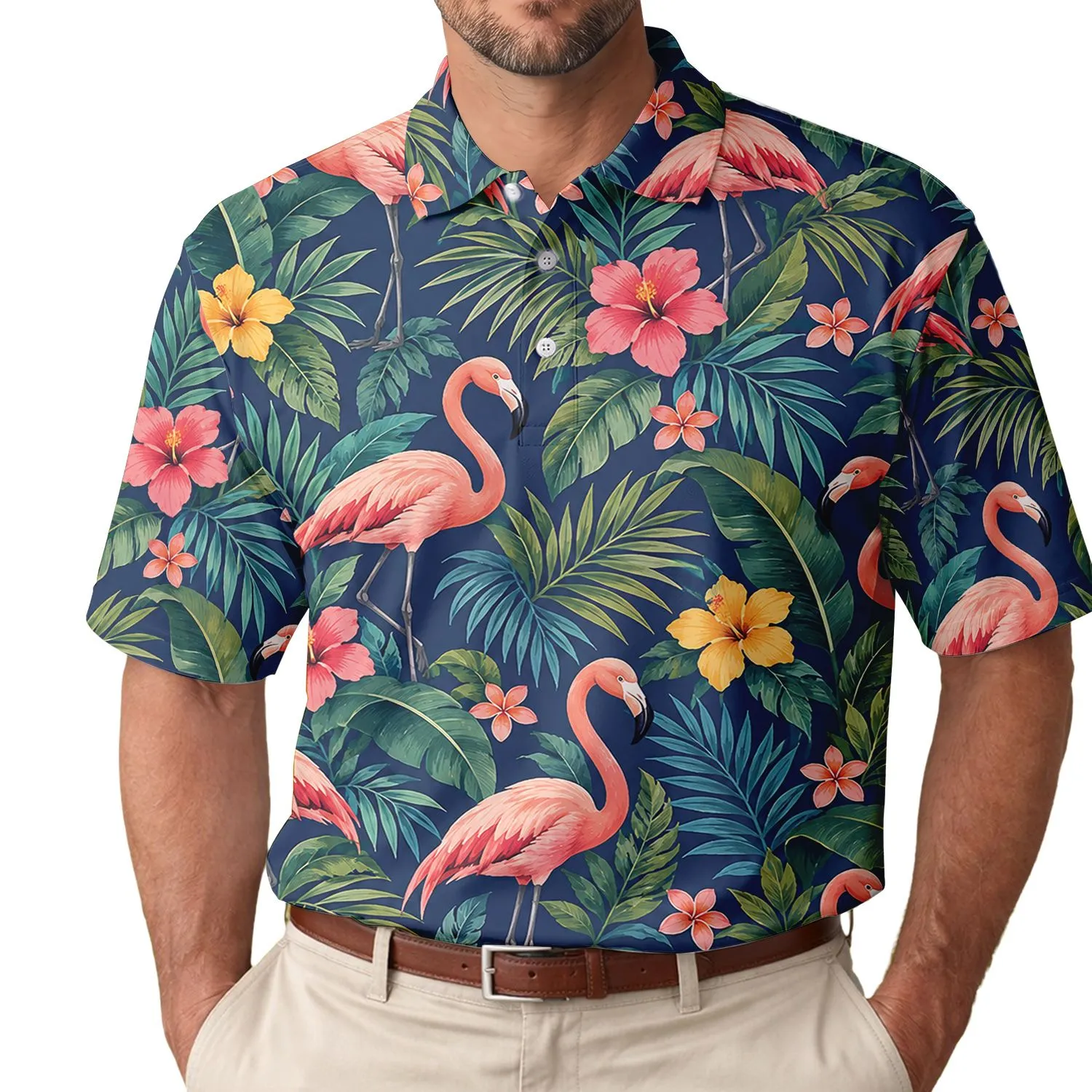 Flamingo Golf Flowers for Tropical Summer Tennis and Pickleball Style Women Players Men's Polo Shirt - 1