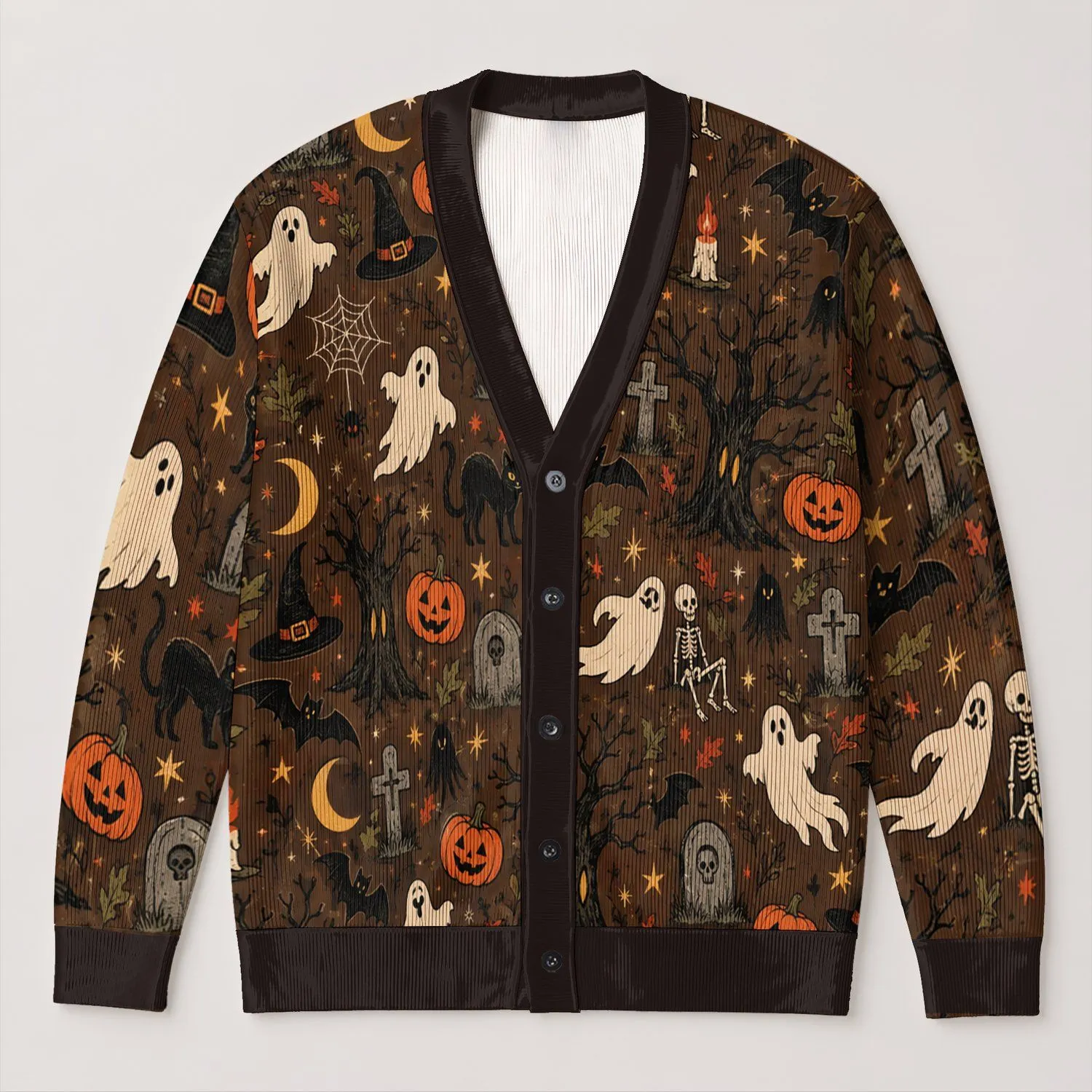 Halloween Ghosts Bats Pumpkins And Haunted Trees For Autumn Festive Layering Style All-over Print Knitted Cardigan - 1
