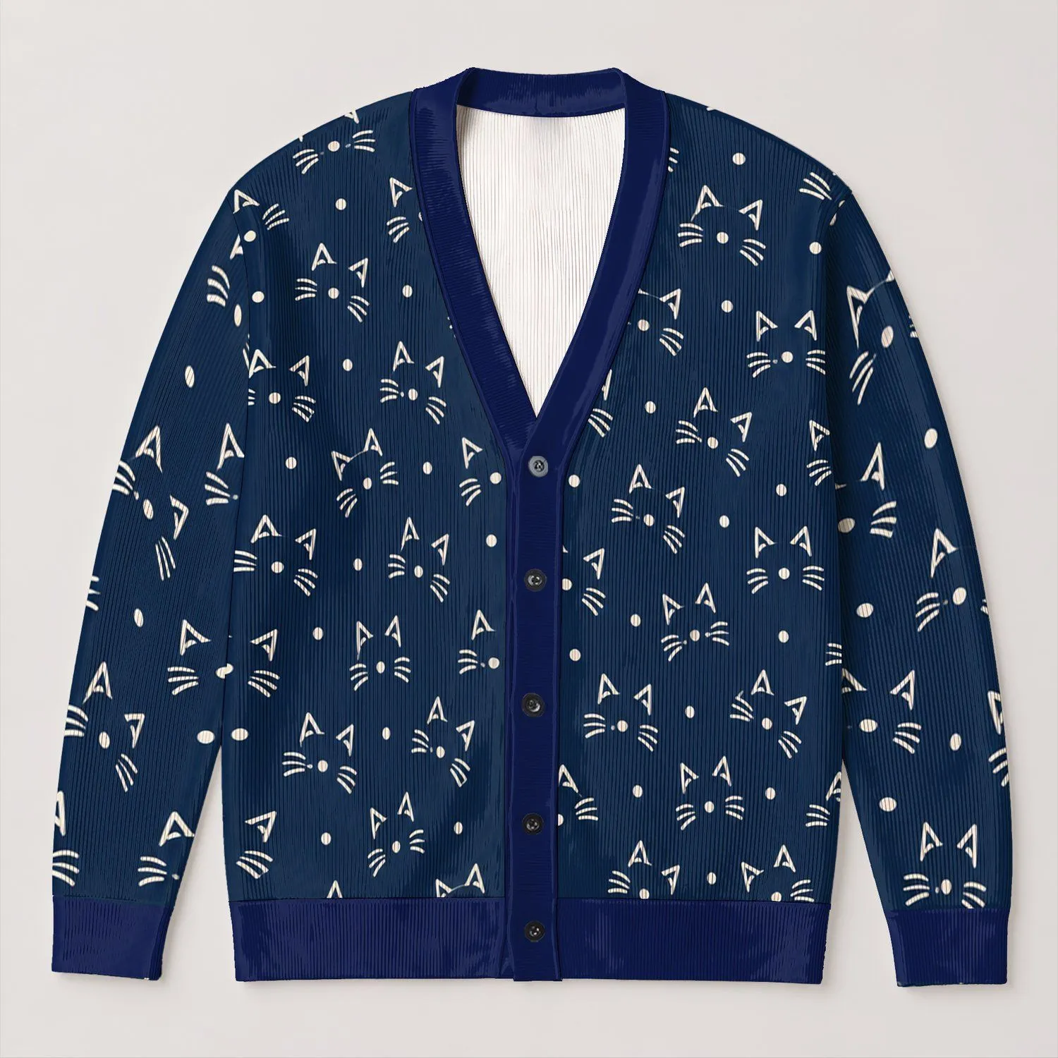 Minimalist Cat Face Navy Cream Style For Cozy Autumn Layering And Animal Lovers All-over Print Knitted Cardigan - 1