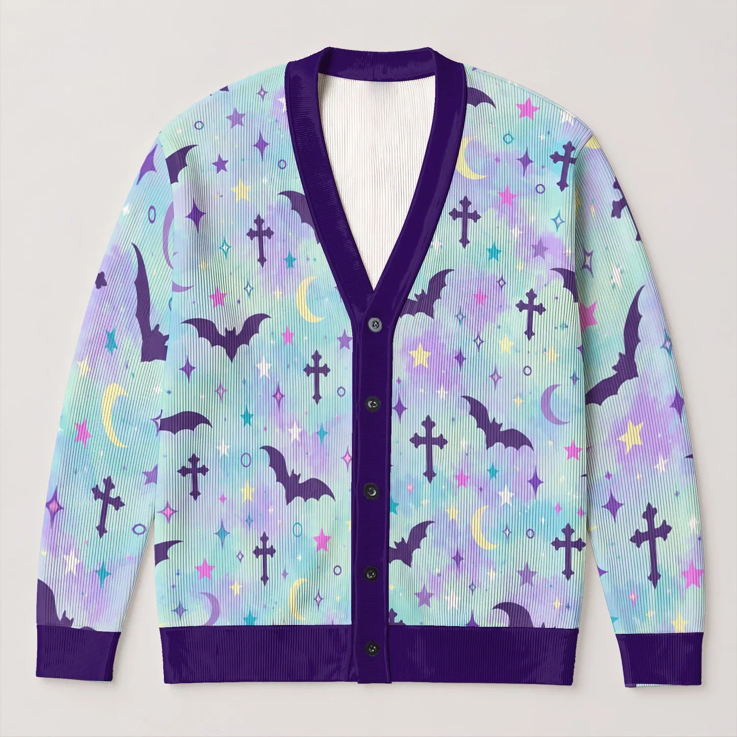 Pastel Bat And Star Motifs For Autumn Vacation Layering, Women’s Gothic Casual Style All-over Print Knitted Cardigan - 1