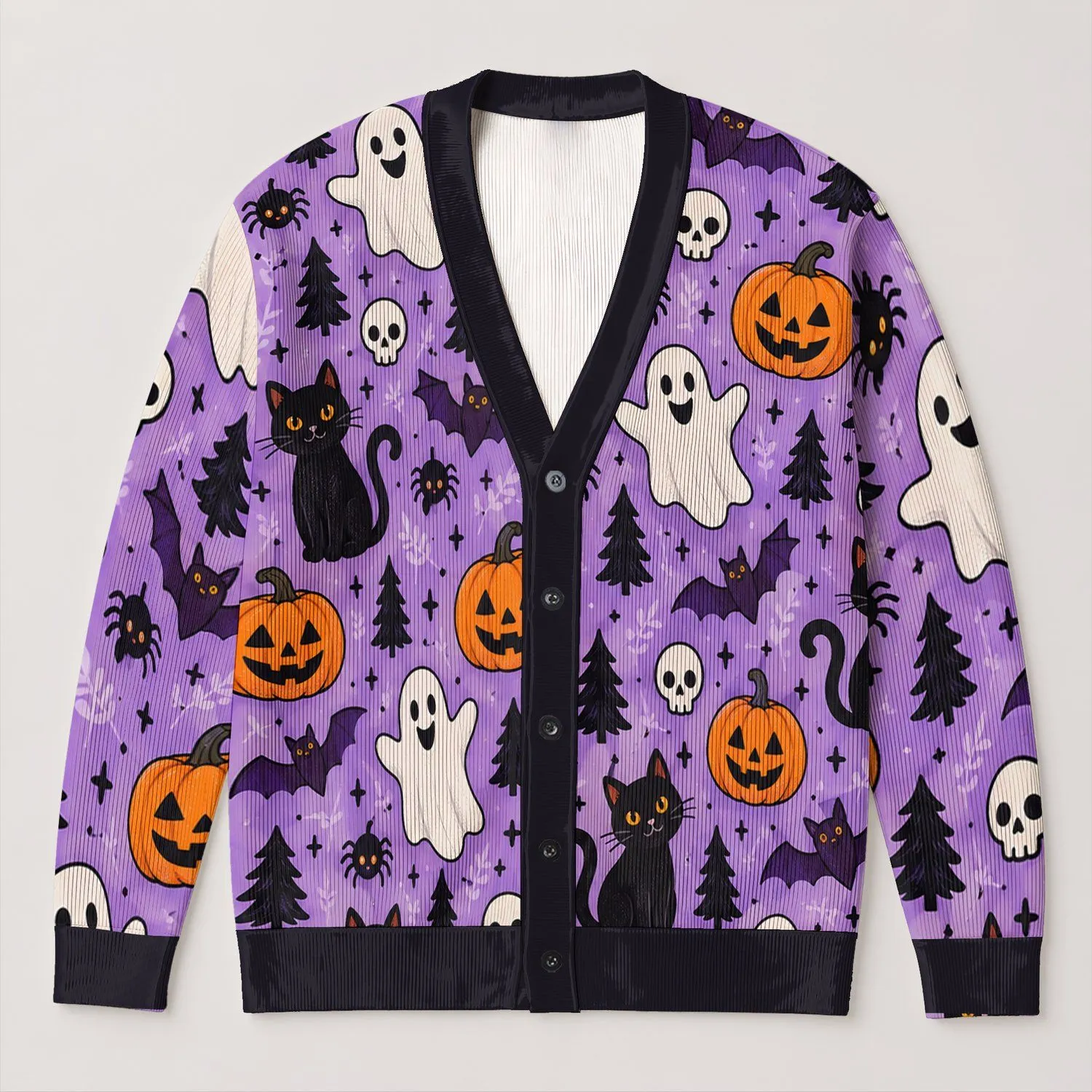 Lavender Halloween Cats And Ghosts For Cozy Autumn Layers, Women's Seasonal Style All-over Print Knitted Cardigan - 1