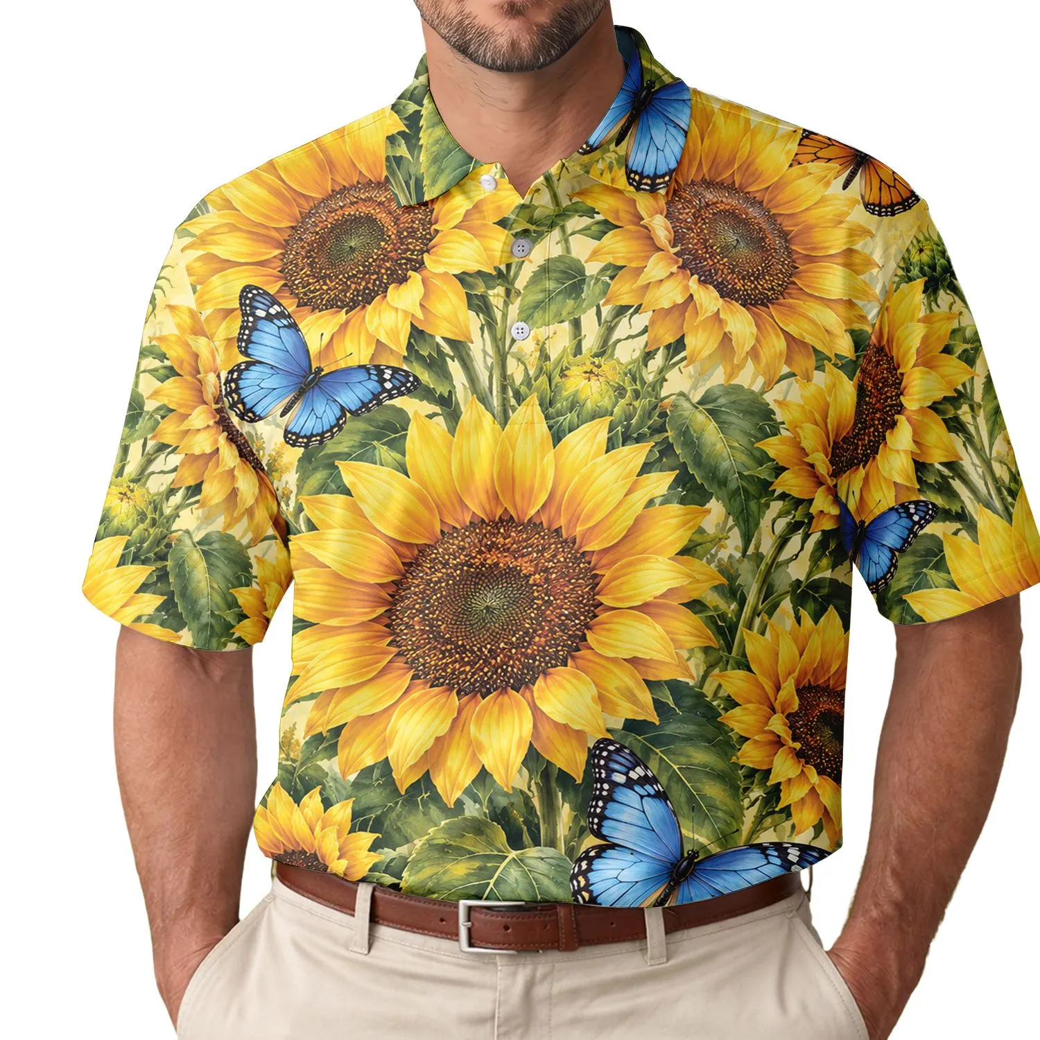 Sunflower Butterfly Floral Garden Scene for Golf Days and Summer Tennis, Women Players Men's Polo Shirt - 1