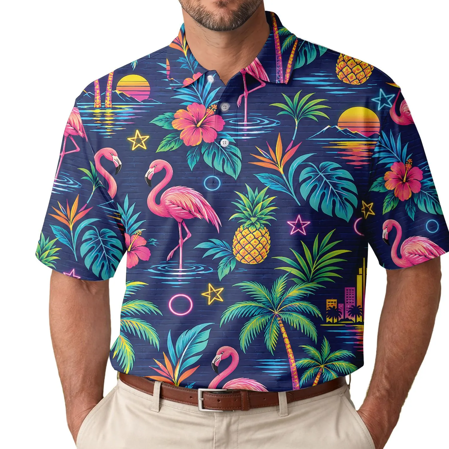 Neon Flamingo Tropical Golf Style for Summer Tennis and Pickleball, Women’s Resort Wear Men's Polo Shirt - 1