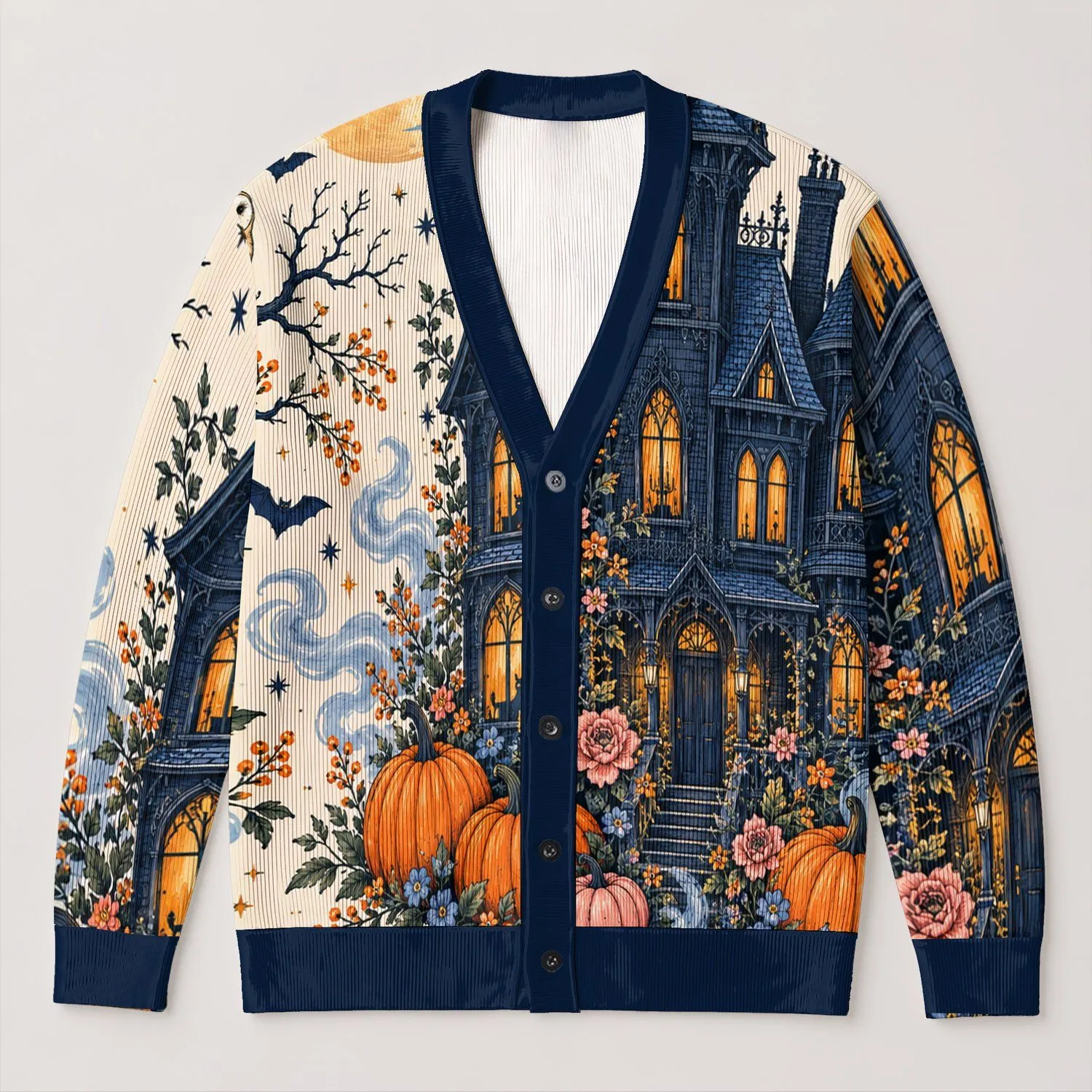 Gothic Haunted House and Pumpkin Scene for Spooky Halloween Celebrations All-over Print Knitted Cardigan - 1