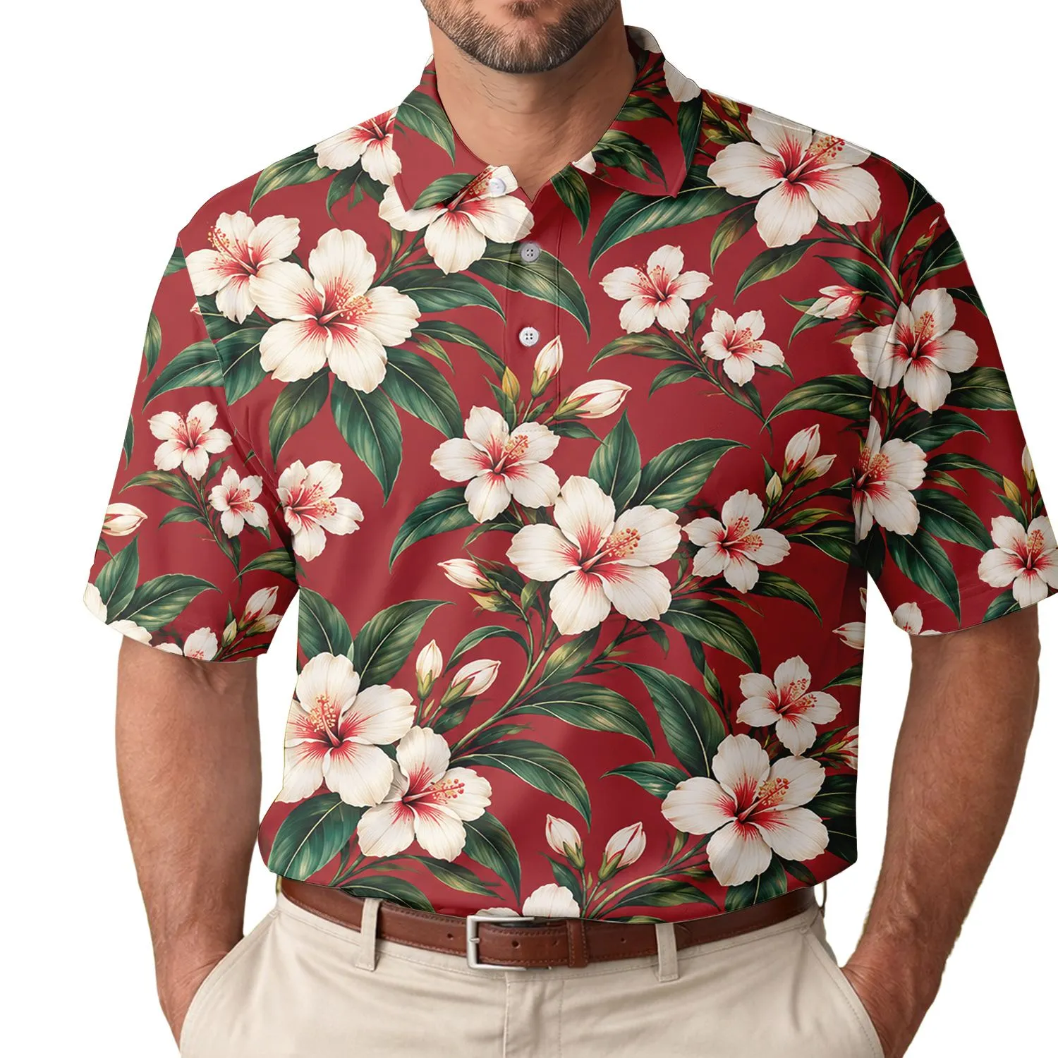 Red Floral Garden Style for Golf Days, Summer Tennis, and Women’s Resort Weekends Men's Polo Shirt - 1