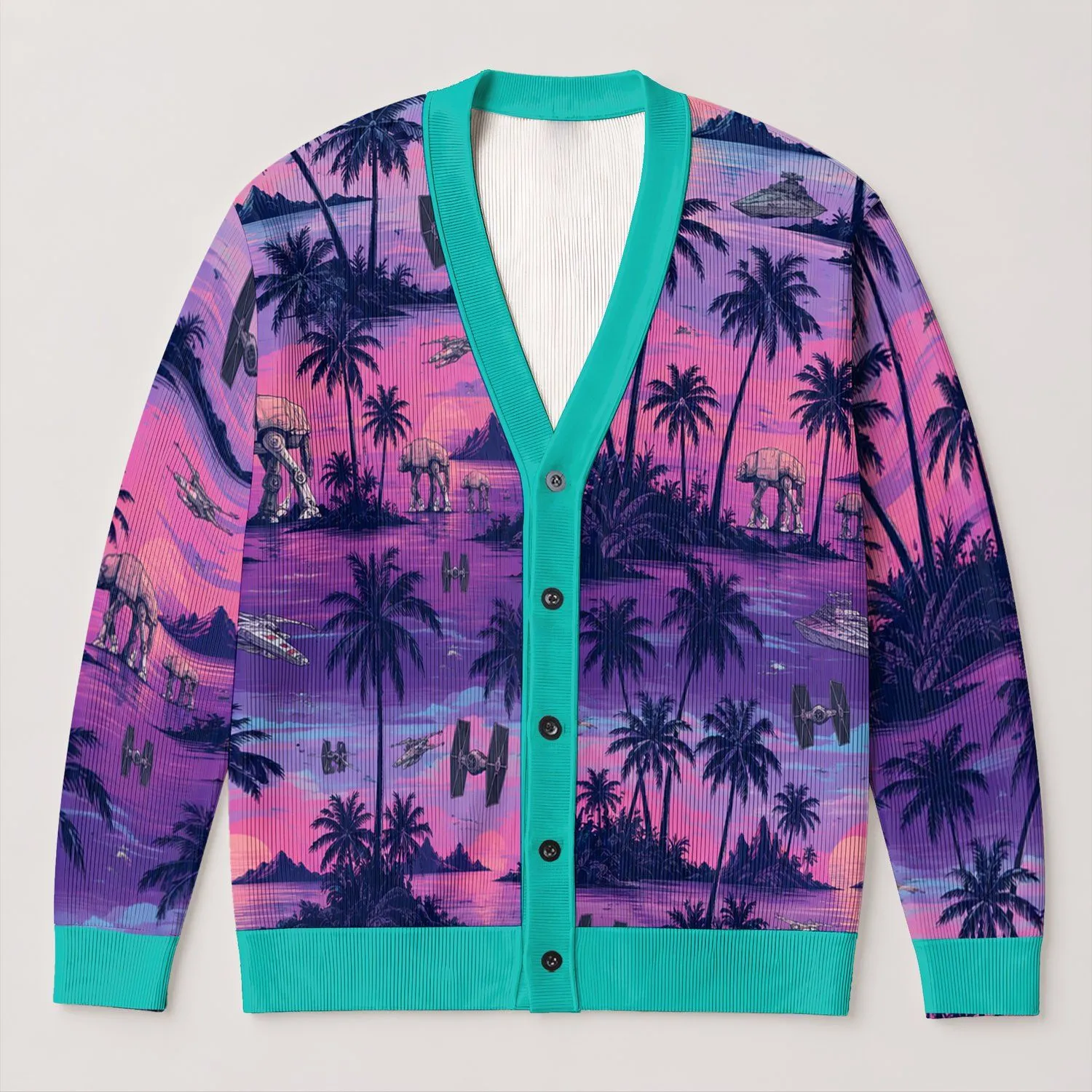 Star Wars Tropical TIE Fighters and AT-ATs for Halloween Island Nights Gift for Him All-over Print Knitted Cardigan - 1