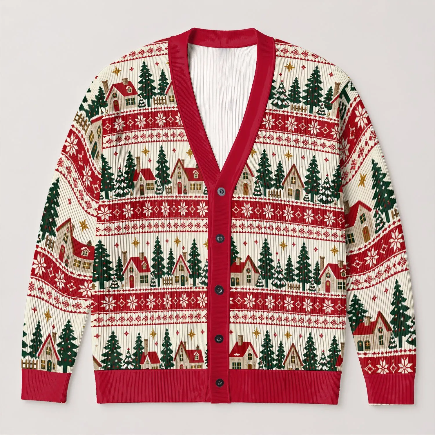 Christmas Village Houses and Pine Trees for Cozy Winter Holiday Gatherings at Home All-over Print Knitted Cardigan - 1