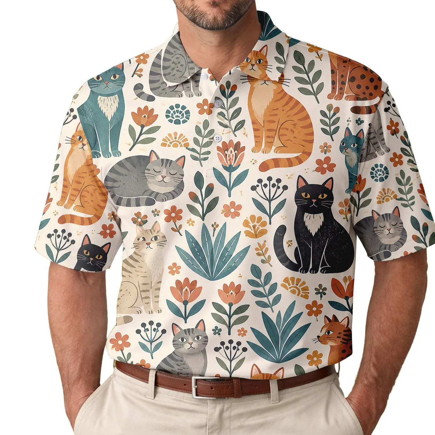 Playful Cat And Floral Golf Motifs For Sunny Tennis Days, Cat Lover Gift Ideas For Her Men's Polo Shirt - 1