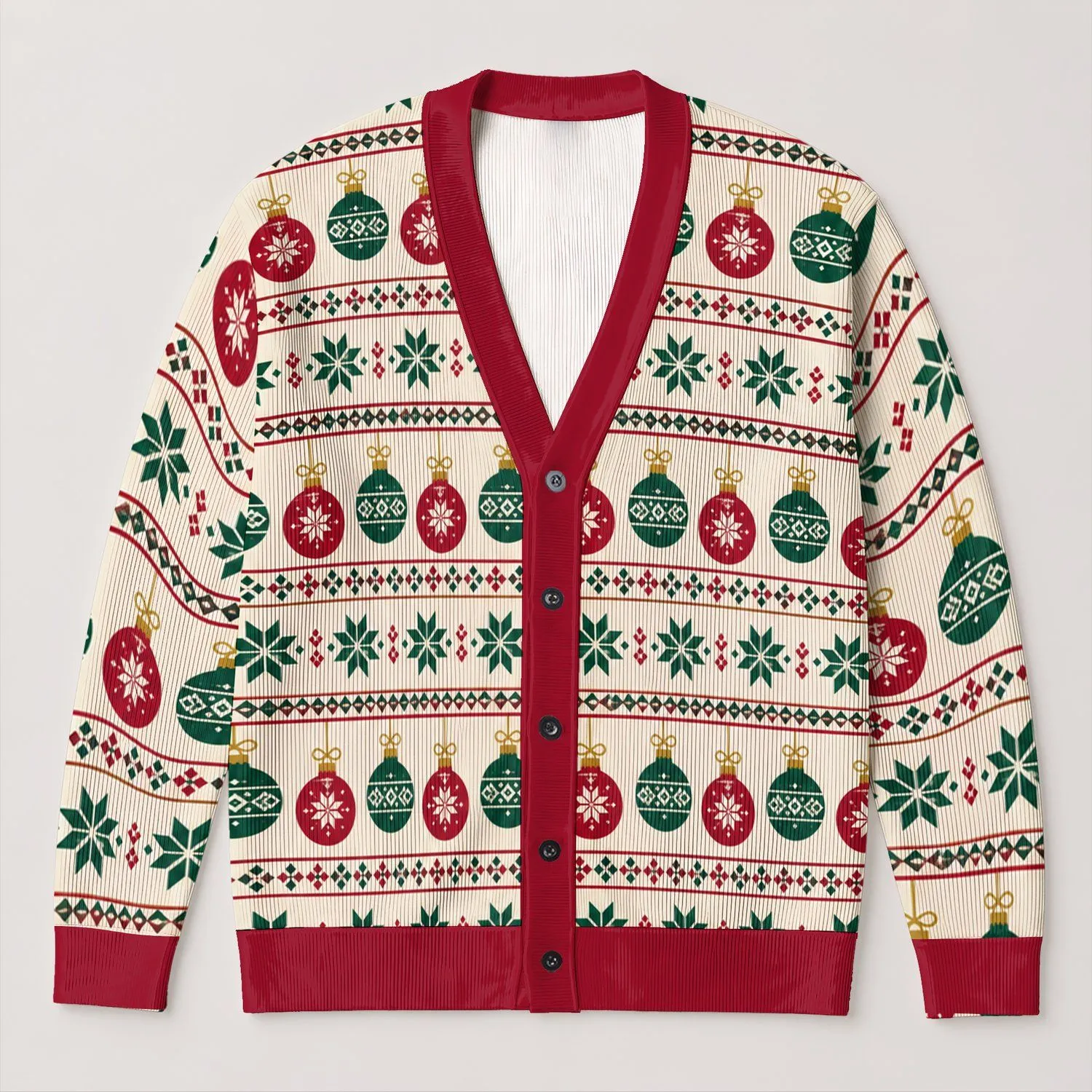 Christmas Baubles and Snowflake Bows for Cozy Holiday Parties and Winter Gatherings All-over Print Knitted Cardigan - 1