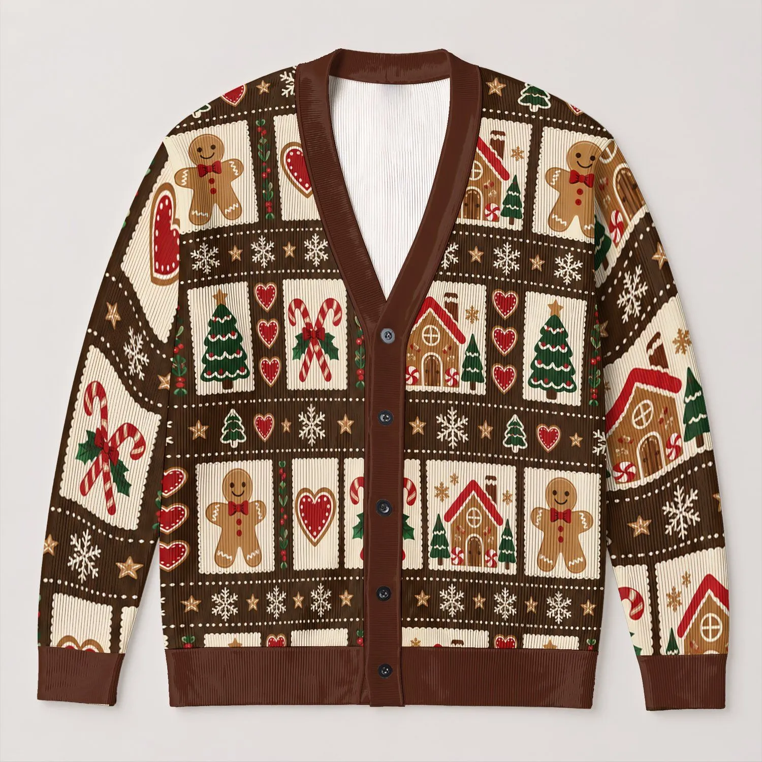 Gingerbread Men and Candy Cane Holiday Cheer for Cozy Christmas Celebrations All-over Print Knitted Cardigan - 1