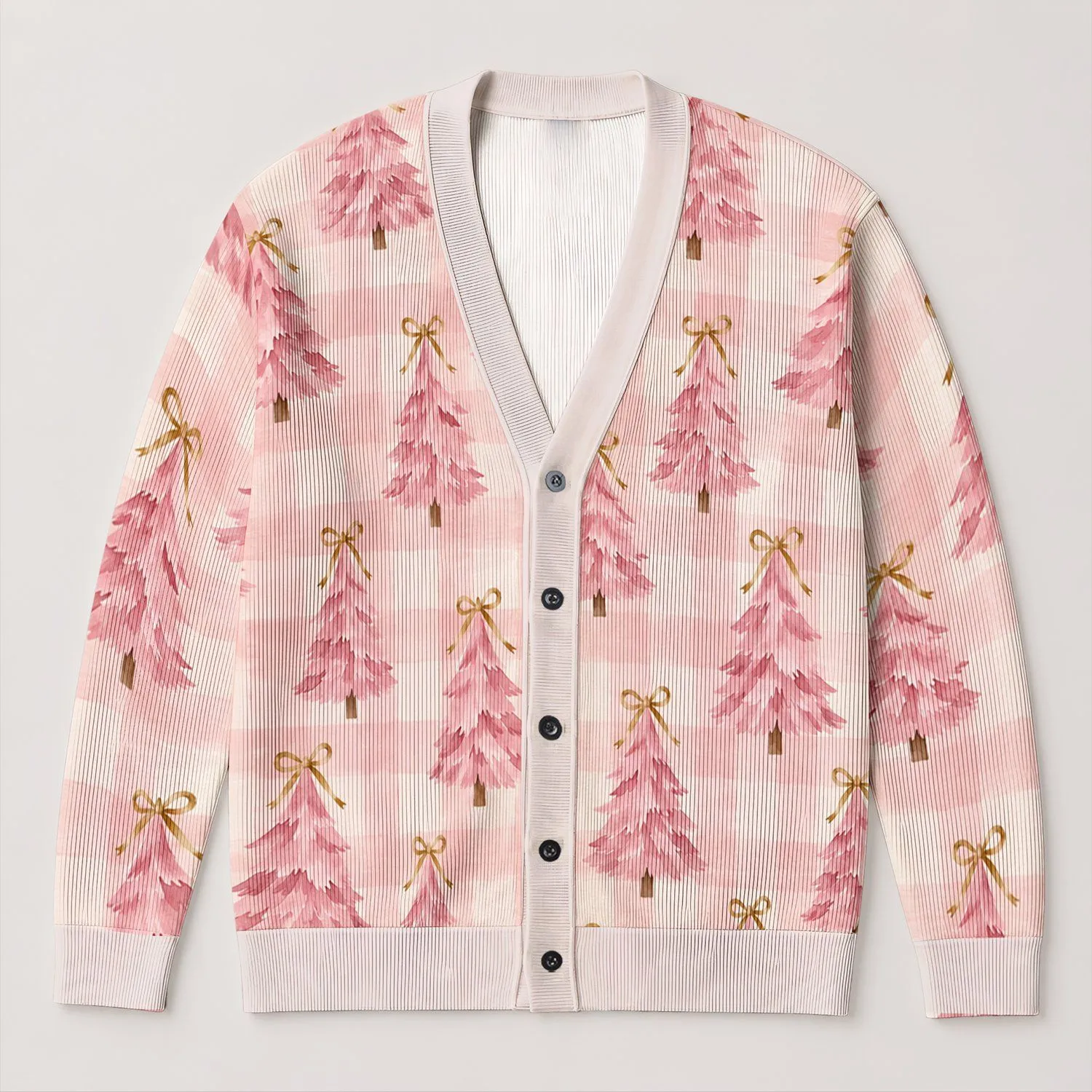 Pastel Pink Christmas Tree Bow Holiday Style For Women, Cozy Seasonal Outfit Wear All-over Print Knitted Cardigan - 1