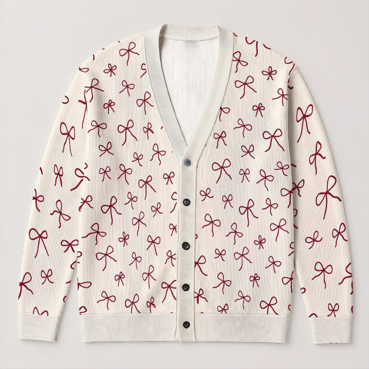 Burgundy Bow Motif For Chic Everyday Layering And Feminine Fall Style For Women All-over Print Knitted Cardigan - 1